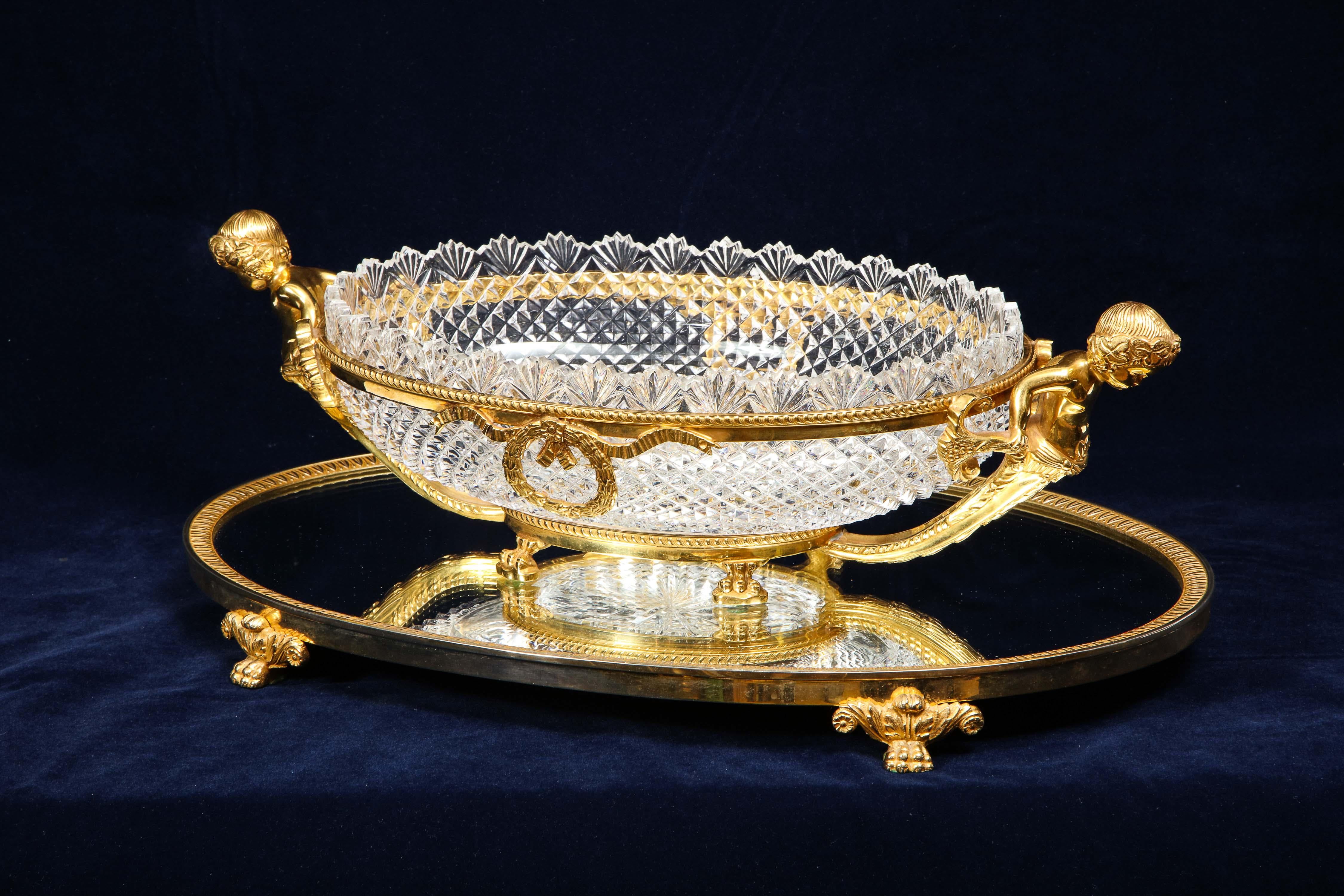 French Dore Bronze Mtd. Baccarat Crystal 'Attributed' Centerpiece on Mirrored Plateau For Sale