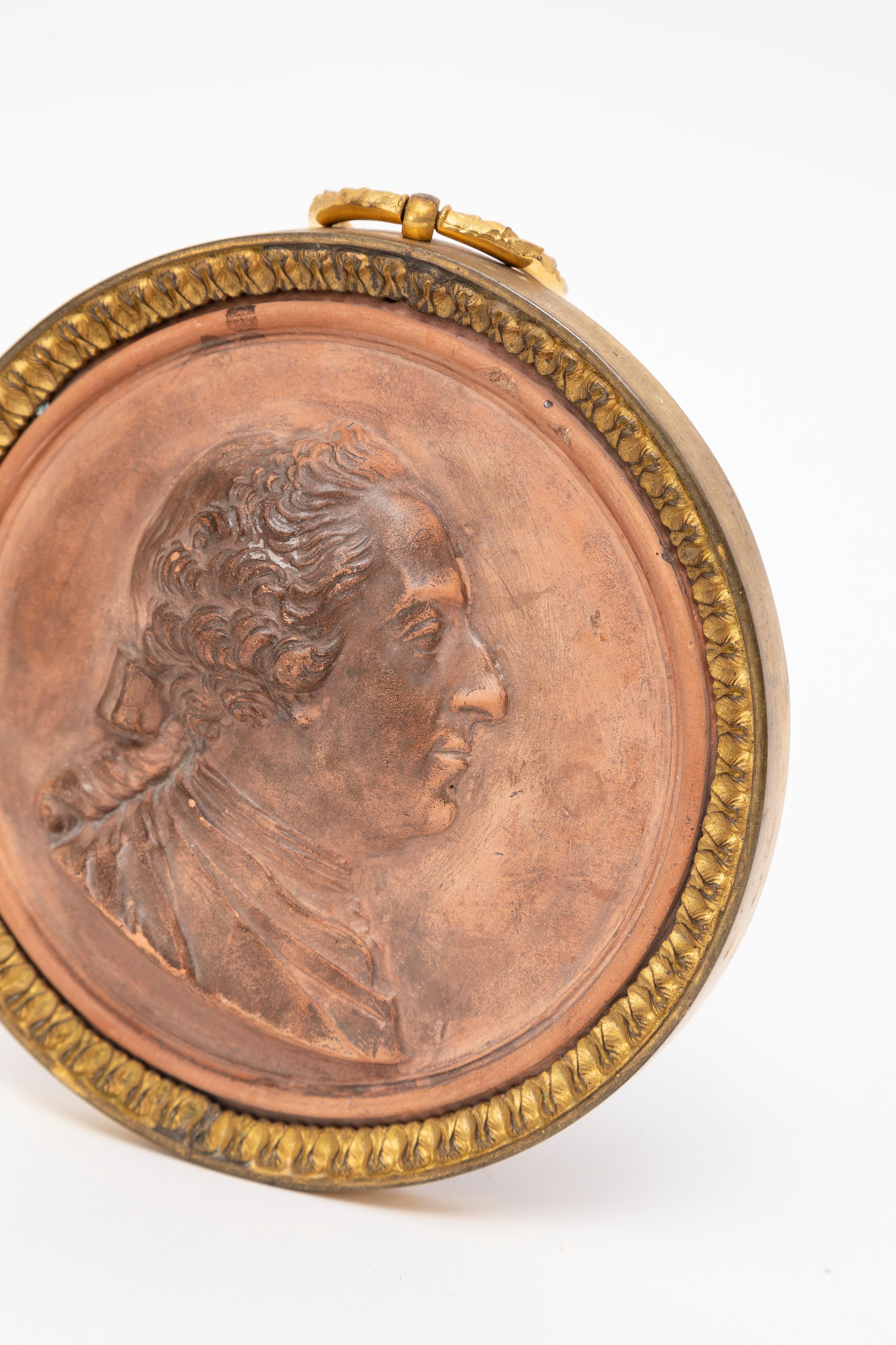 Dore Mounted King Louis XVI Terracotta Portrait Plaque, Jean-Baptiste Nini, 1780 In Good Condition For Sale In New York, NY