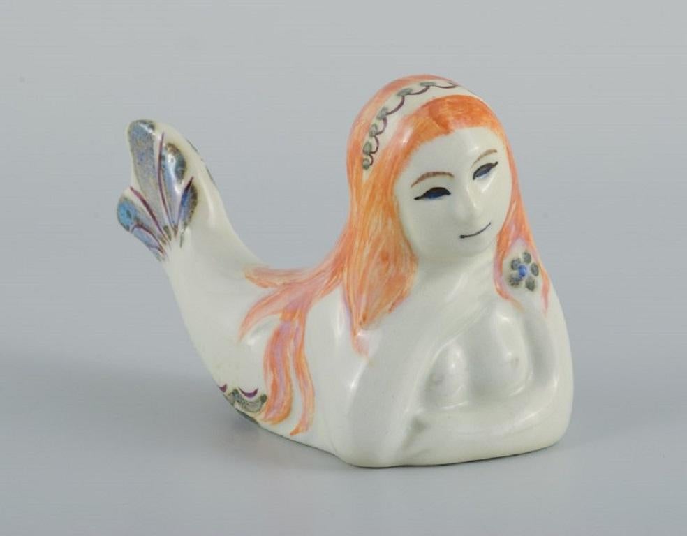 Glazed Doreen Middelboe for Aluminia/Royal Copenhagen, faience mermaid figure. 1970s. For Sale