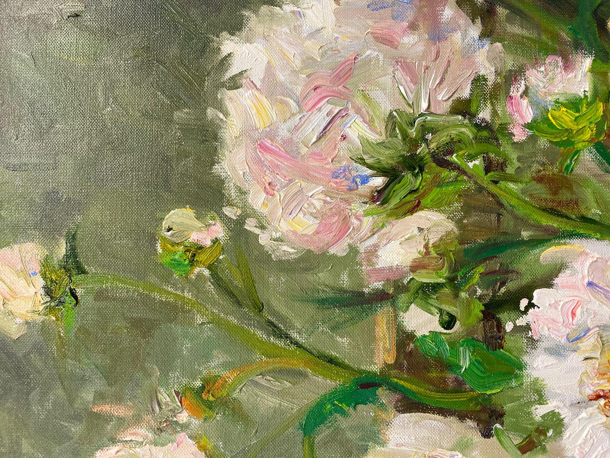 The ever popular peonies are in bloom beyond the gate, lending beauty and fragrance to all lucky enough to pass by.  In this contemporary impressionist landscape artist Doreen Tighe zooms into the structure of the peonies and effectively uses