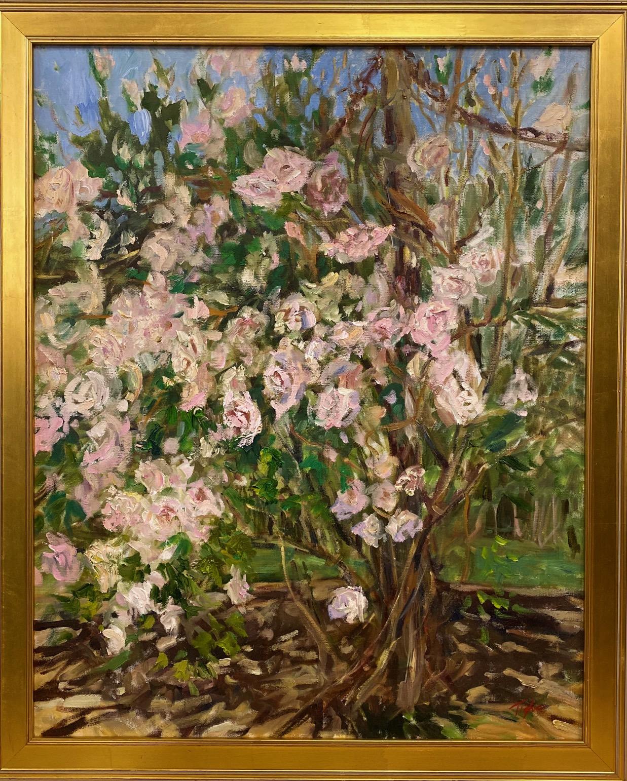 Doreen Tighe Landscape Painting - Cascading Roses, original 30x24 contemporary impressionist floral landscape