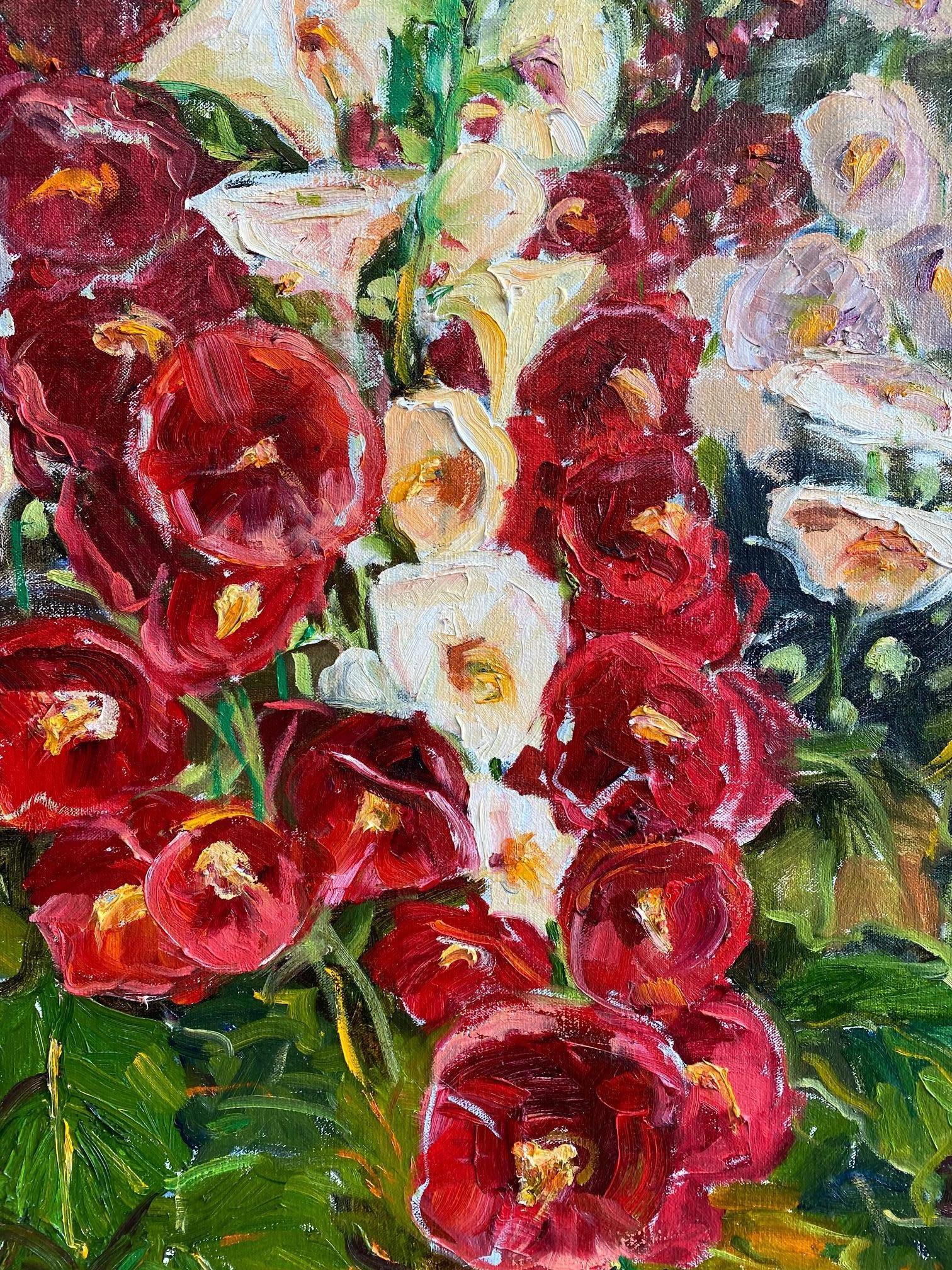 Hollyhocks in Full Bloom, original 30x24 expressionist floral landscape - Painting by Doreen Tighe