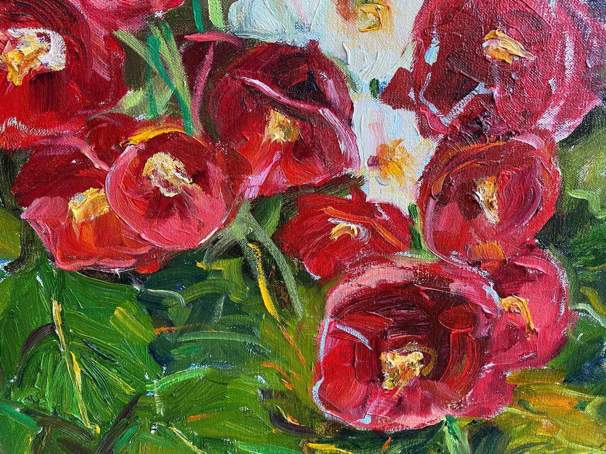 Hollyhocks in Full Bloom, paysage floral expressionniste original 30x24 - Expressionniste Painting par Doreen Tighe
