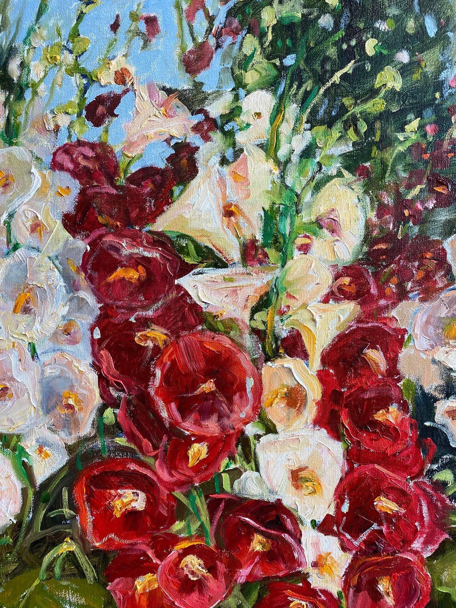 Hollyhocks in Full Bloom, paysage floral expressionniste original 30x24 - Marron Landscape Painting par Doreen Tighe