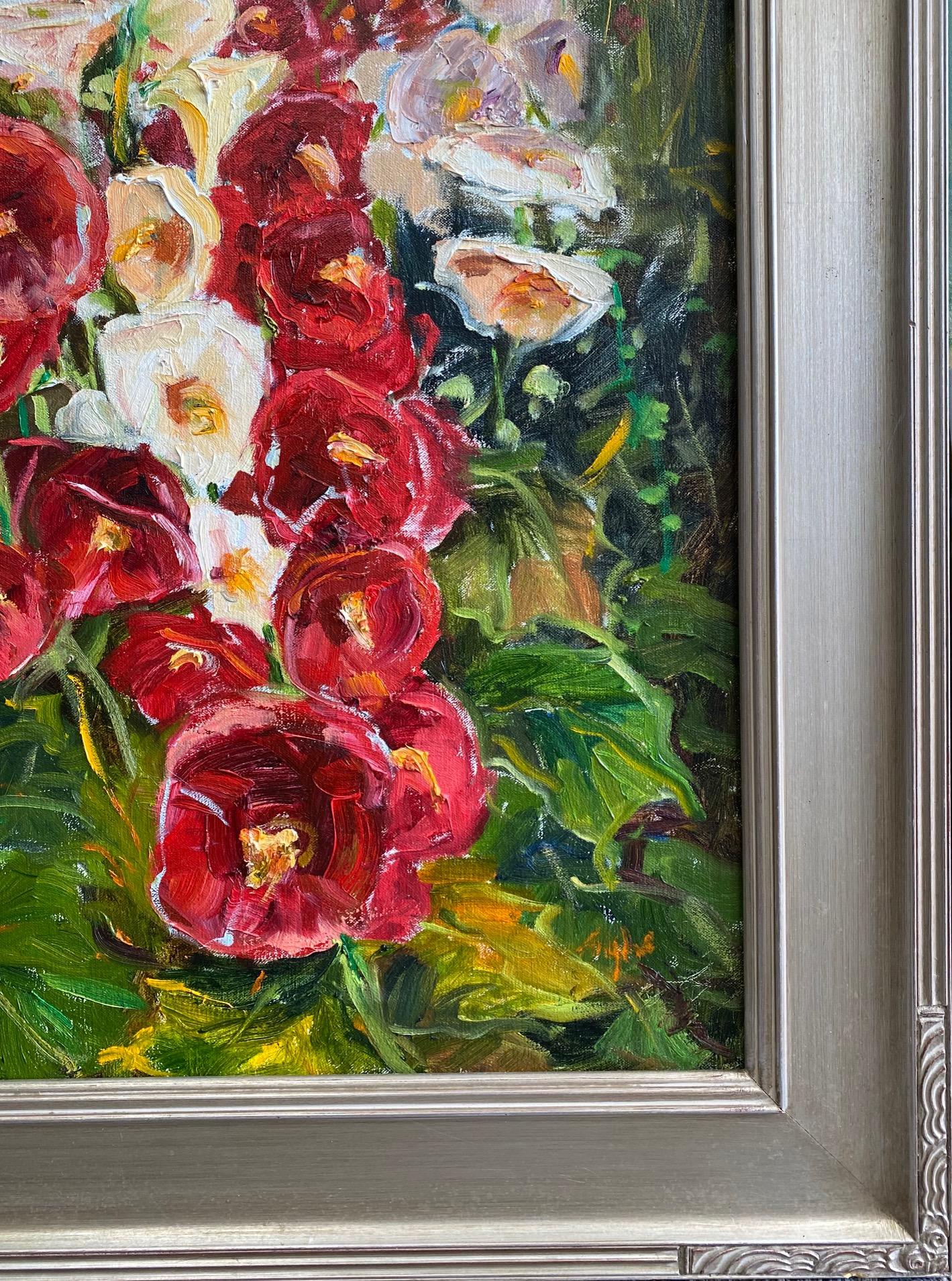Hollyhocks in Full Bloom, original 30x24 expressionist floral landscape - Expressionist Painting by Doreen Tighe