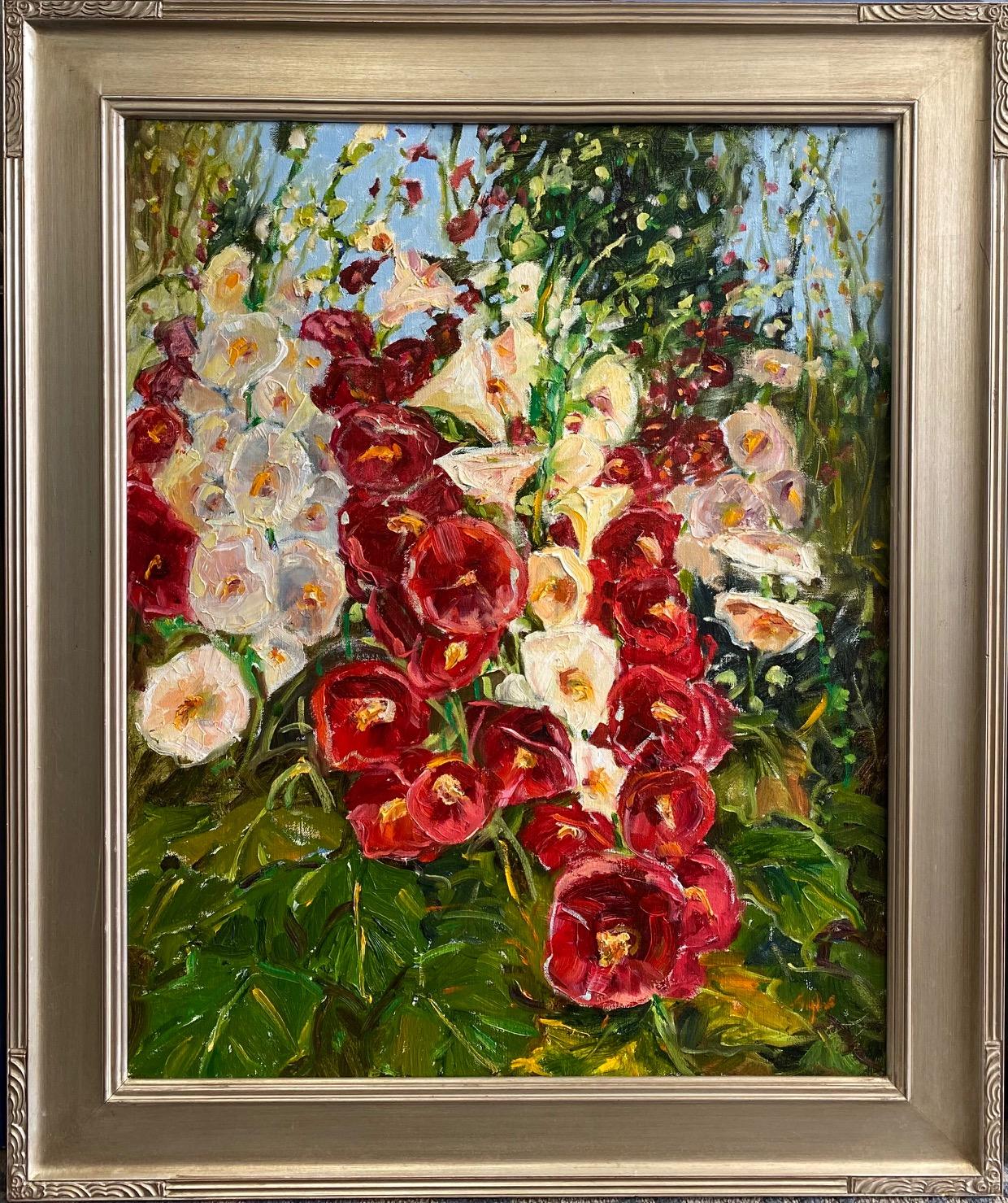 Hollyhocks in Full Bloom, original 30x24 expressionist floral landscape