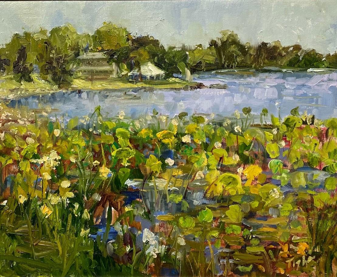 Inn on the Lake, original impressionist marine landscape - Painting by Doreen Tighe