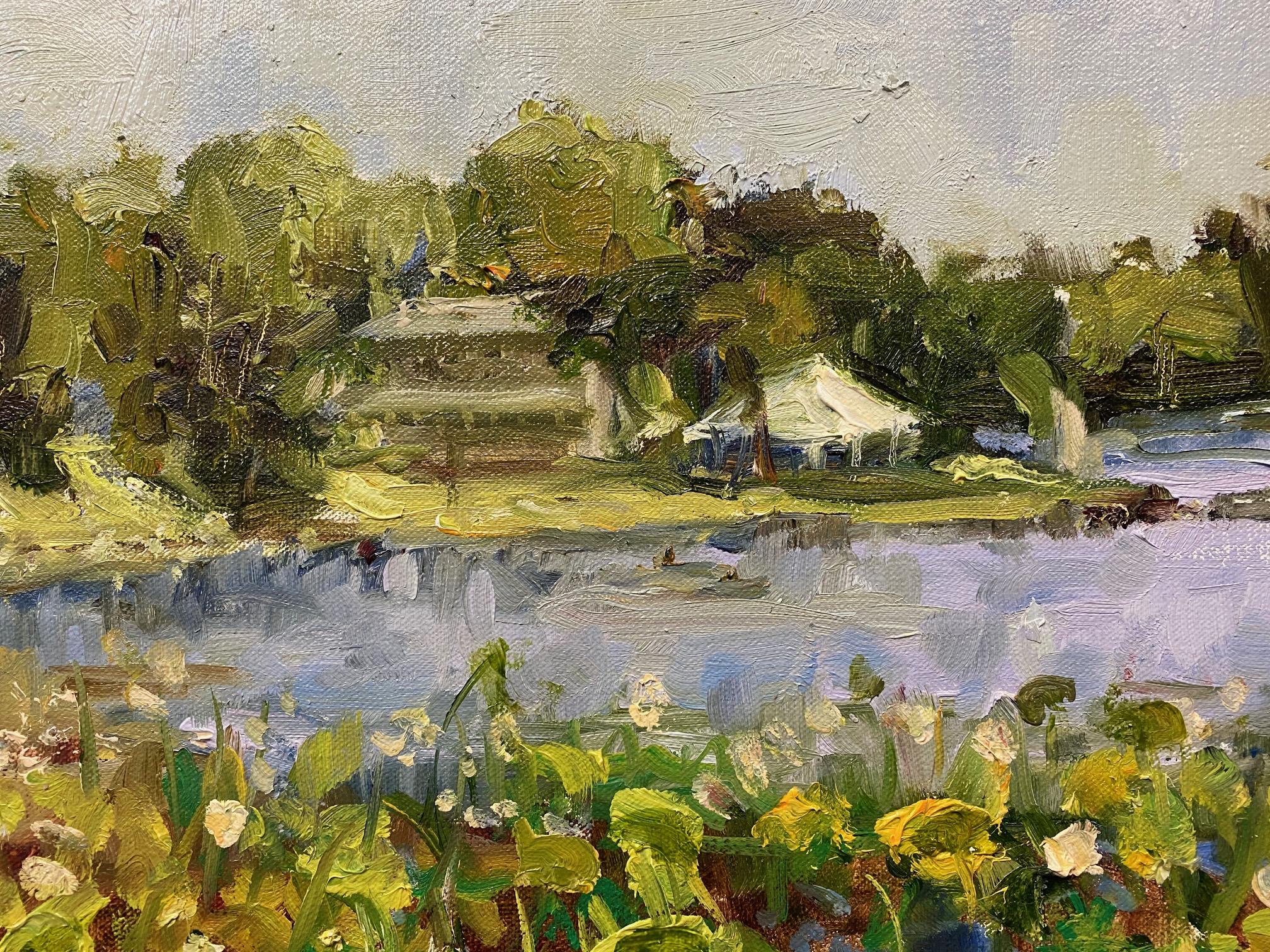 Inn on the Lake, original impressionist marine landscape - Impressionist Painting by Doreen Tighe