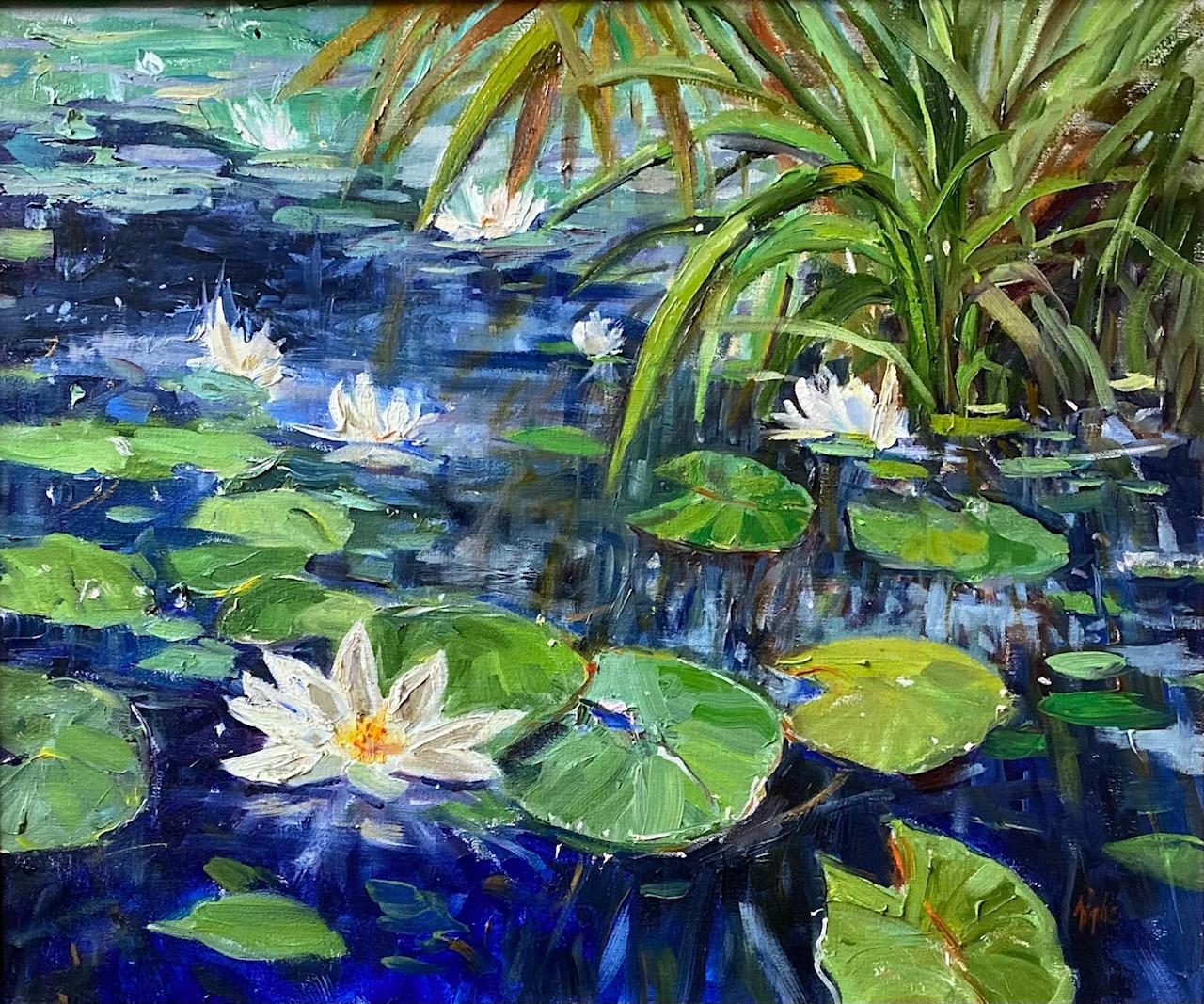 Lilies on the Lake original 18x24 impressionist landscape - Painting by Doreen Tighe