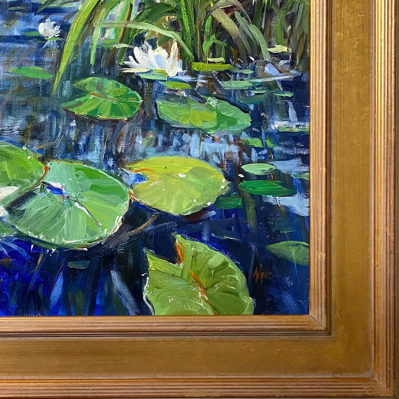 Lilies on the Lake original 18x24 impressionist landscape - Impressionist Painting by Doreen Tighe