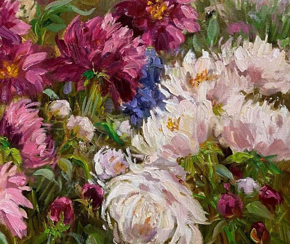 Pink and White Peonies, original impressionist contemporary landscape - Painting by Doreen Tighe