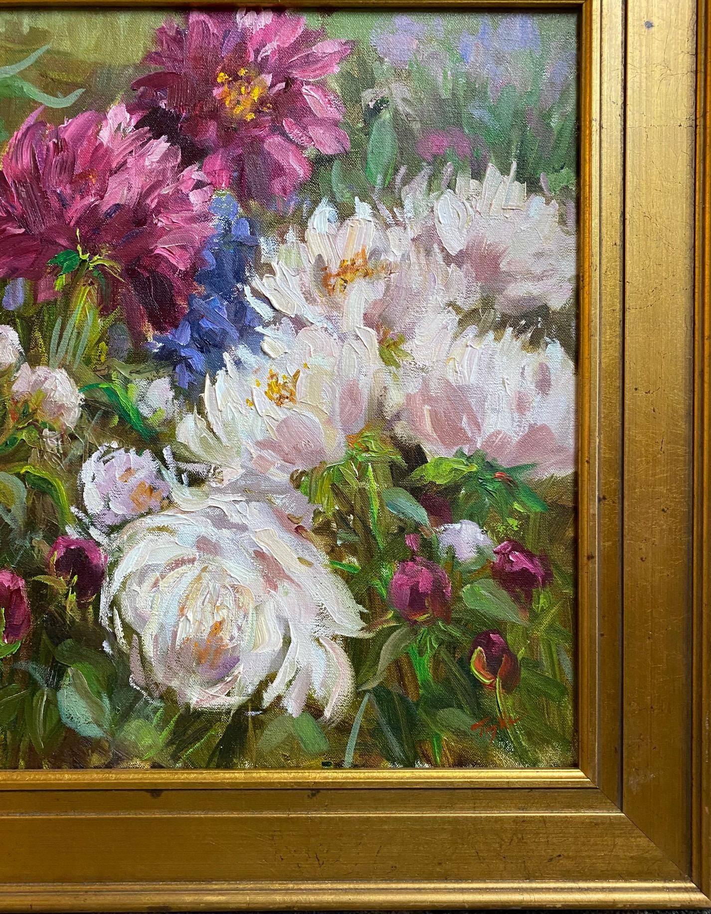 Pink and White Peonies, original impressionist contemporary landscape - Impressionist Painting by Doreen Tighe