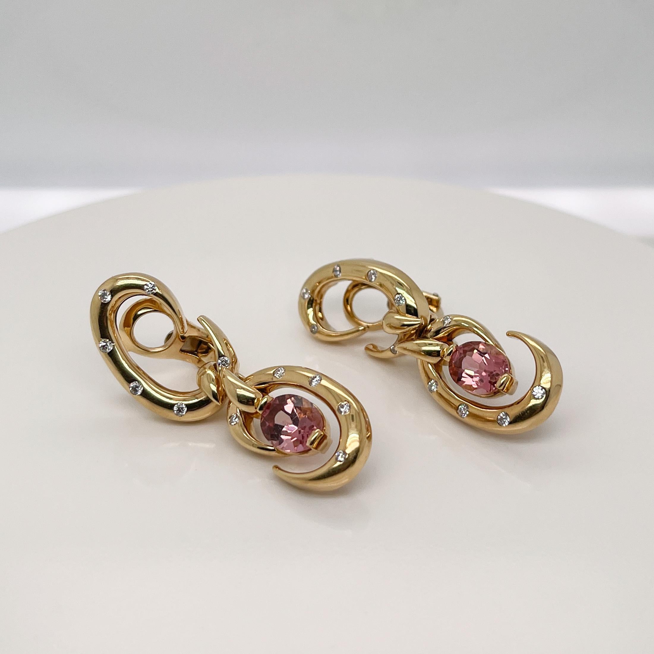 Round Cut Dorfman 18 Karat Gold Diamond, & Tourmaline Dangle Clip Earrings