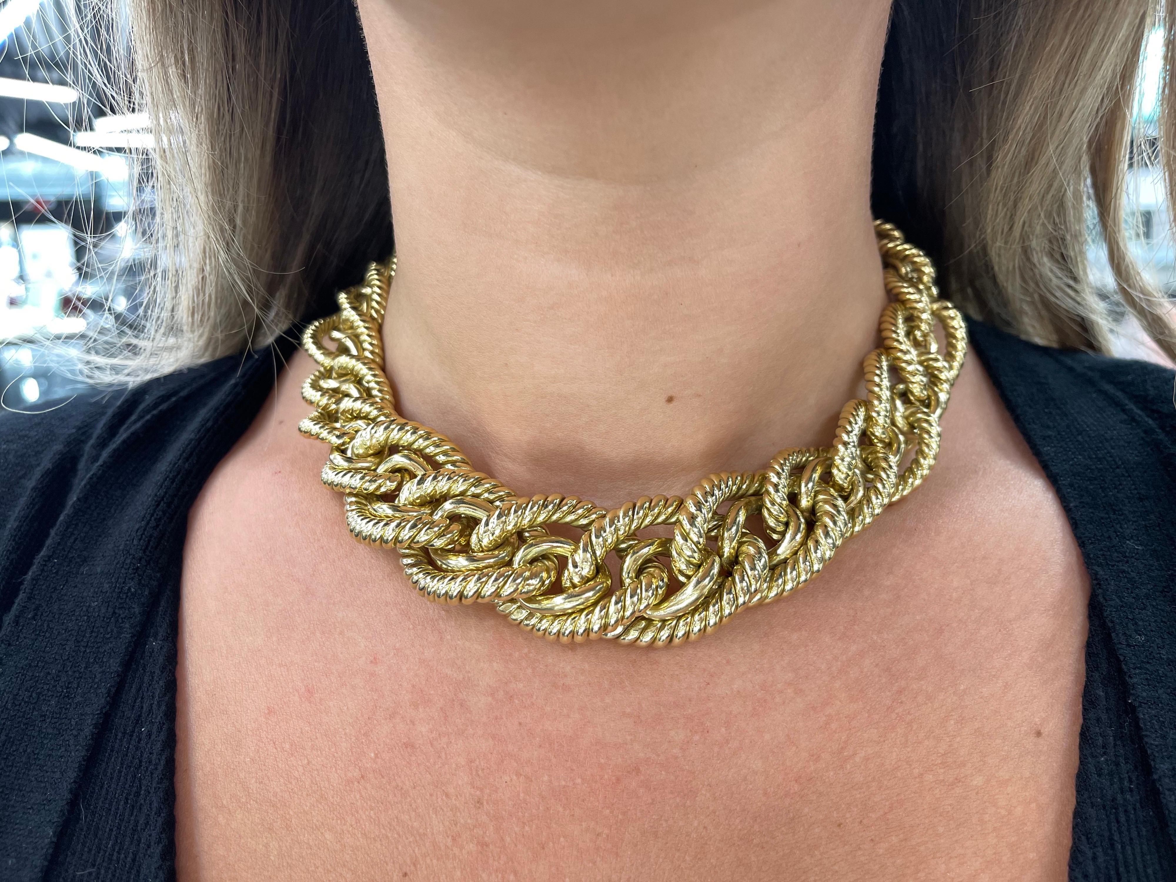 Stamped Dorfman, this 18 karat yellow gold necklace features graduated rope & high polished links 162.4 grams
Big & Bold!
More Link Necklaces In Stock.