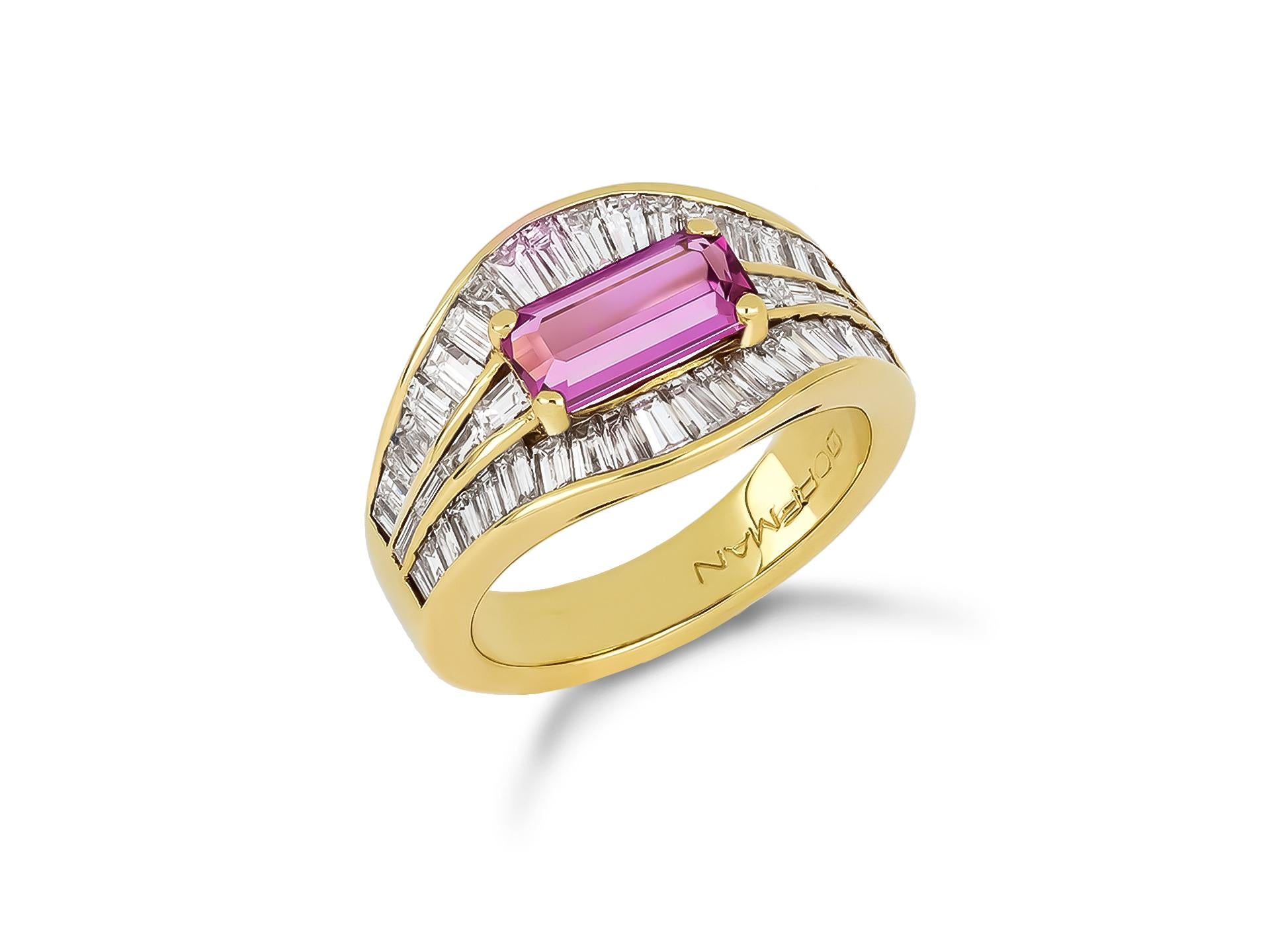 Dorfman Pink Topaz and Diamond Cluster Ring. Set to centre with one octagonal step cut natural topaz in an open back claw setting with an approximate weight of 1.25 carats, flanked by eight tapering baguette cut diamonds in open back channel