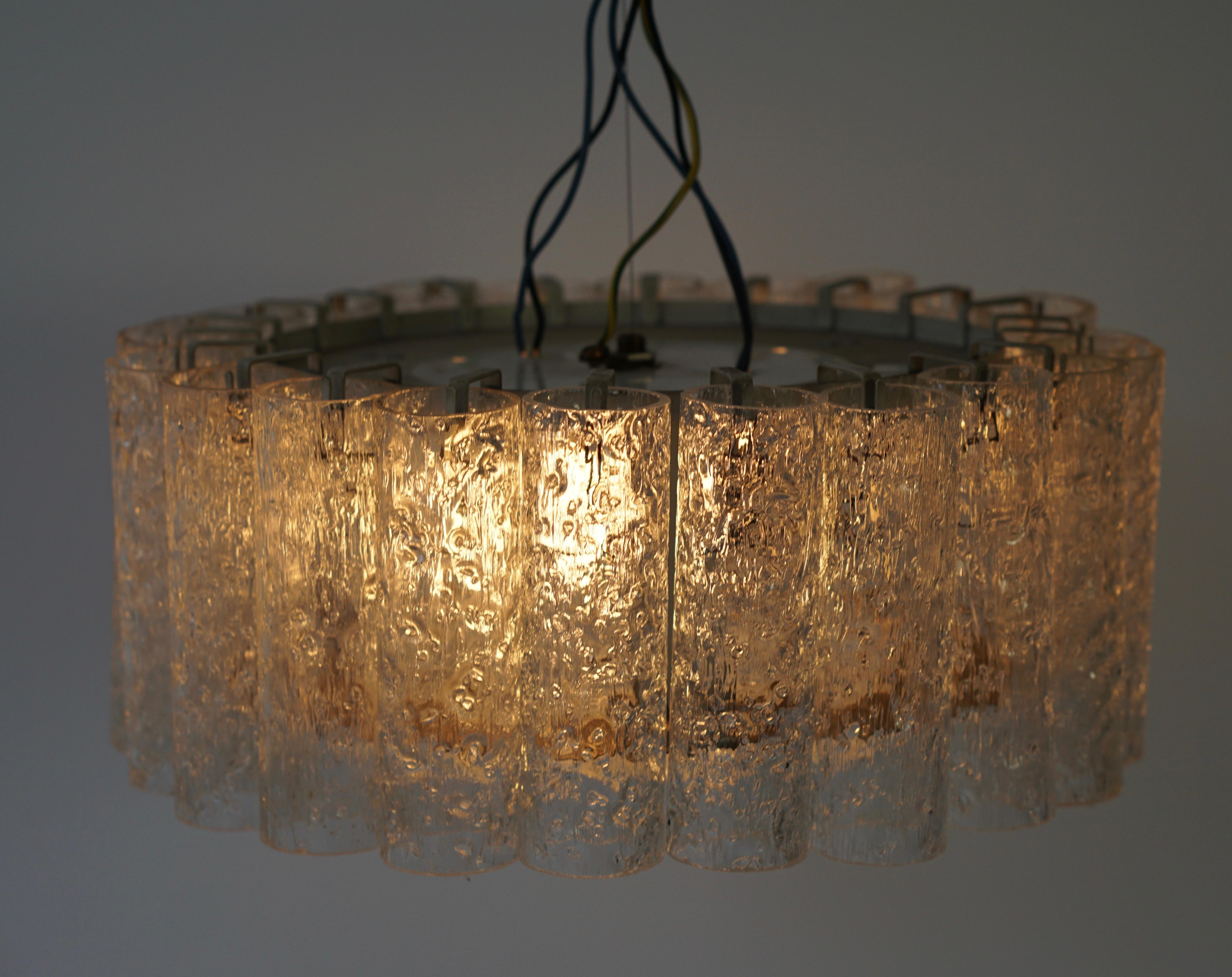 20th Century Doria Brass and Glass Tube Ice Glass Flush Mount Chandelier, Germany For Sale