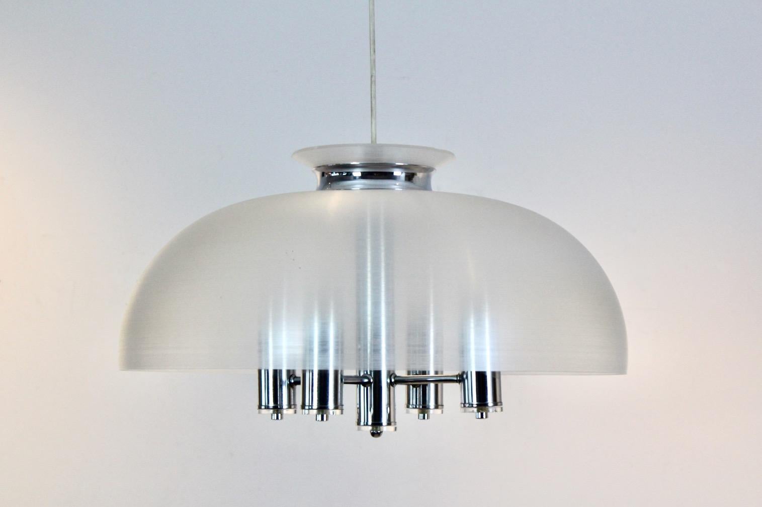 Mid-Century Modern Doria Chrome and Lucite Dome Pendant, 2 Pieces Available For Sale