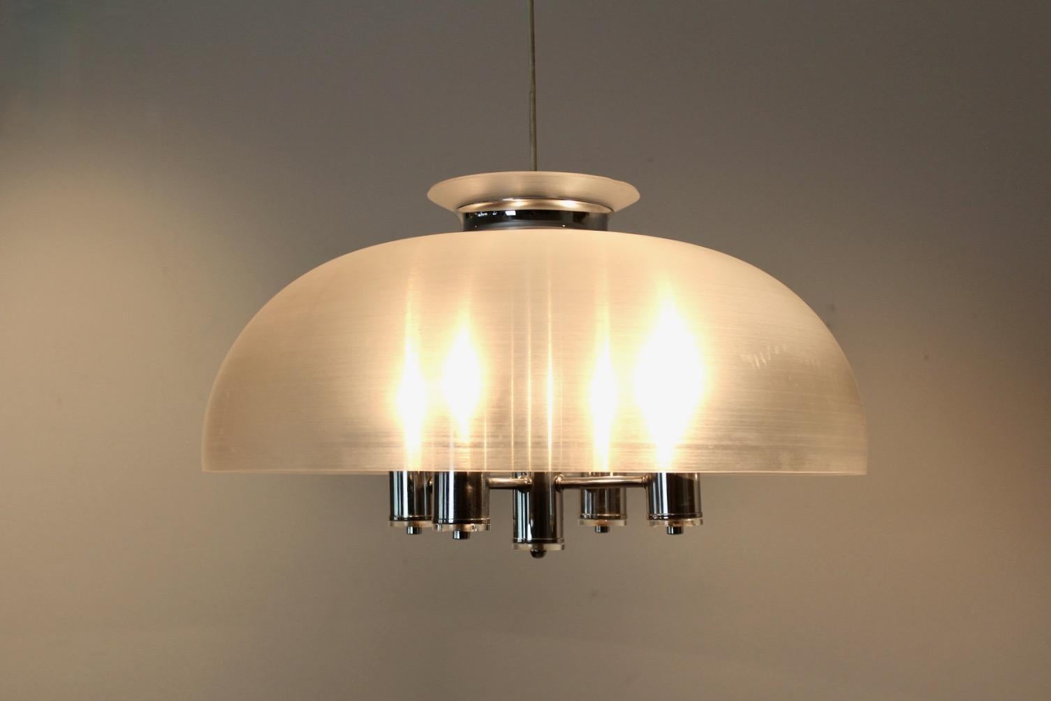 German Doria Chrome and Lucite Dome Pendant, 2 Pieces Available For Sale