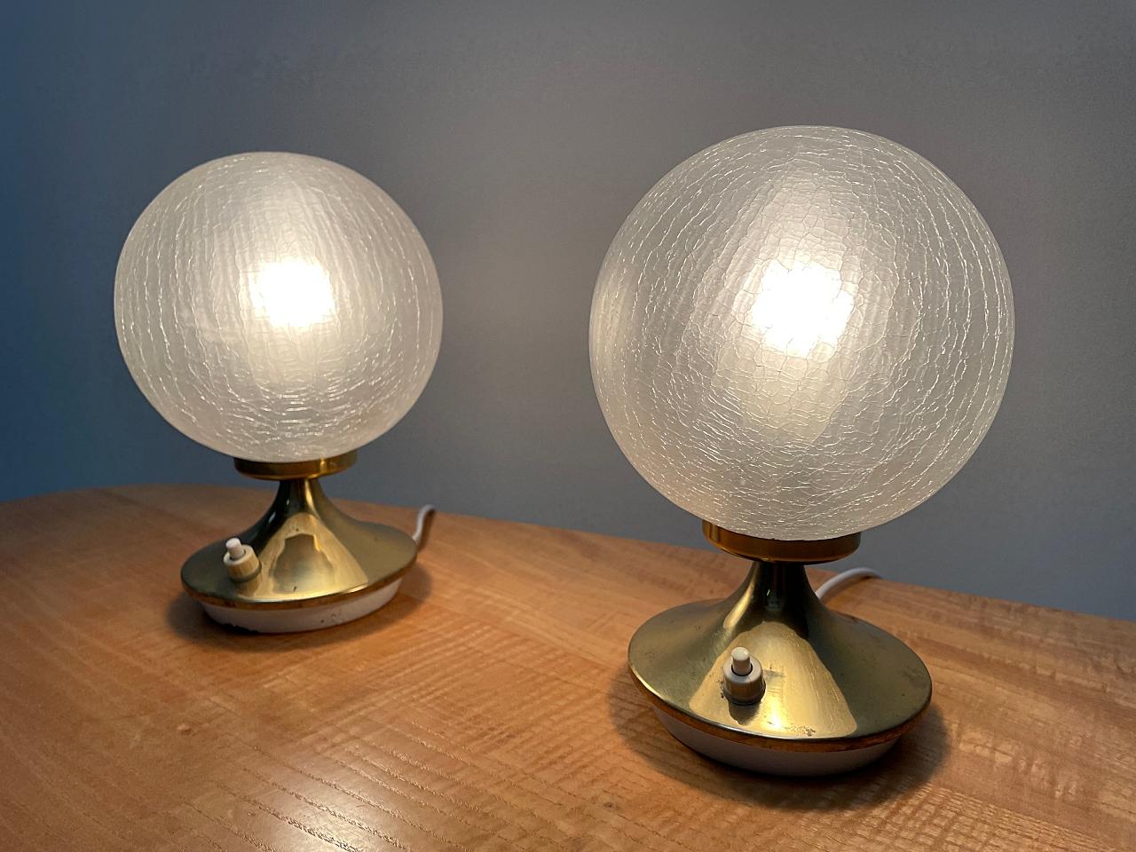 Metalwork DORIA Crackle Ice Glass & Polished Brass Globe Nightstand Lamps, 1960s, Germany For Sale