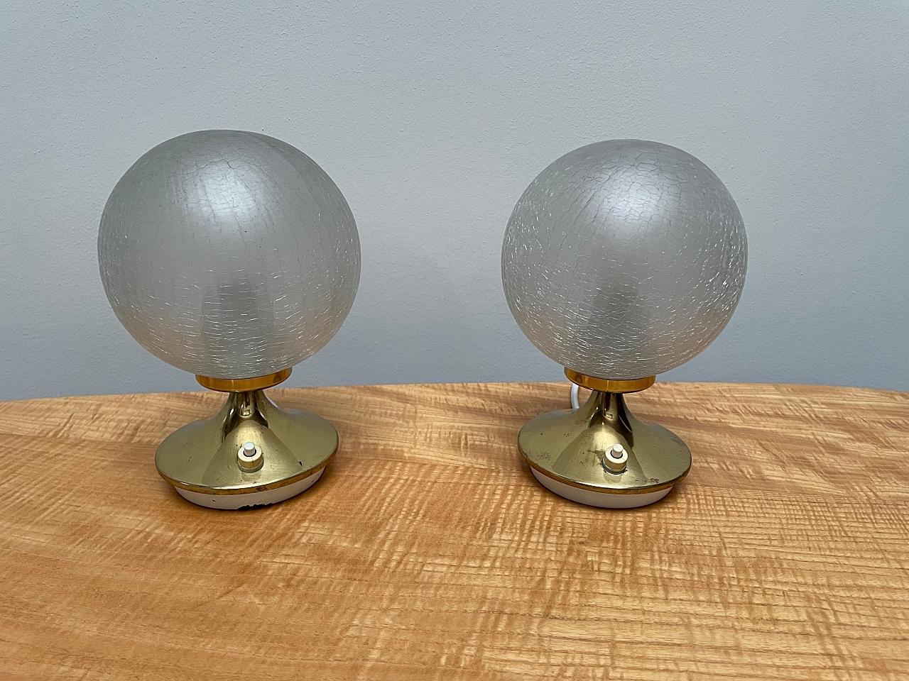 20th Century DORIA Crackle Ice Glass & Polished Brass Globe Nightstand Lamps, 1960s, Germany For Sale