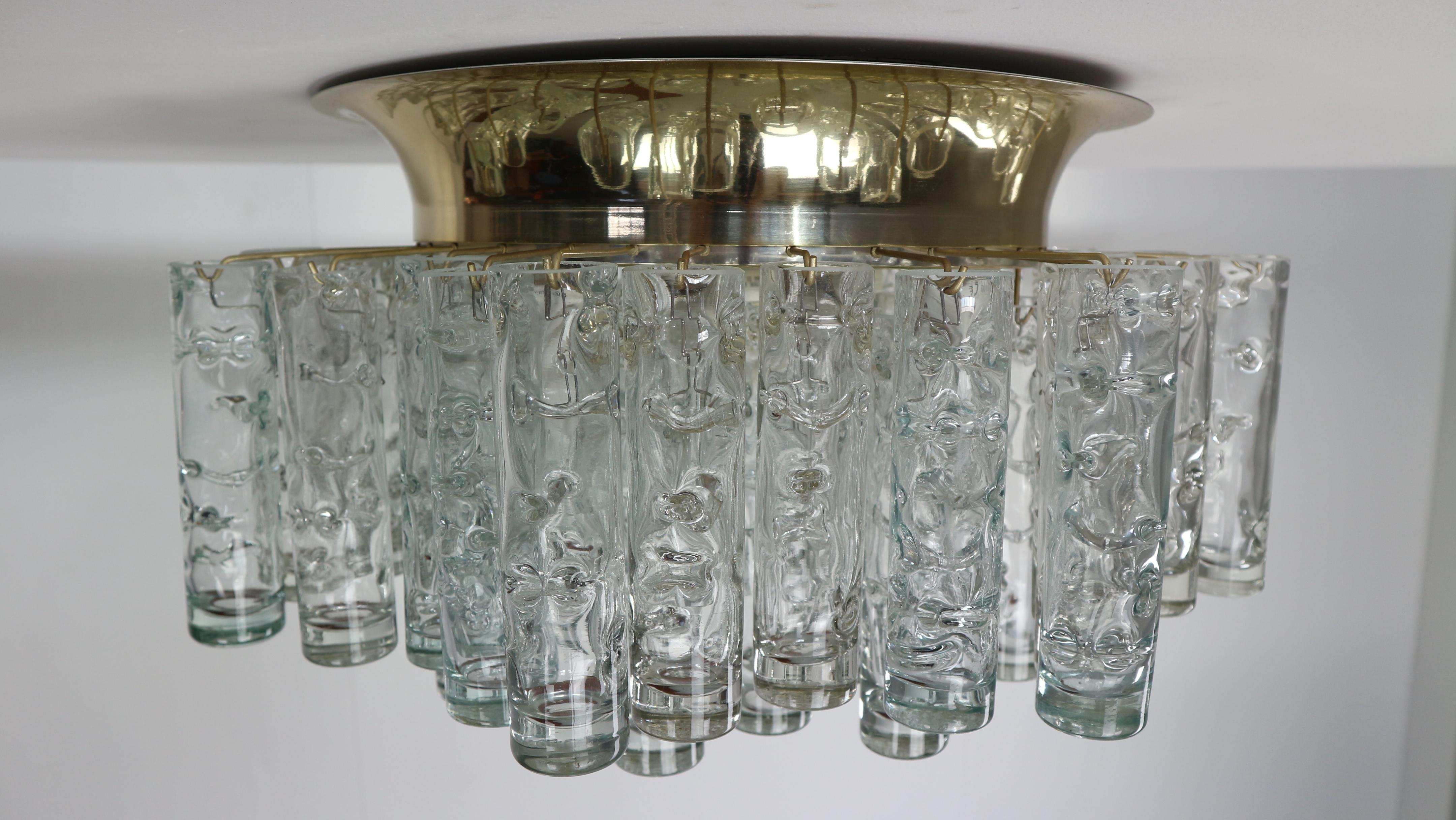 Doria Glass and Brass Flush Mount Tube Chandelier, 1960s 8