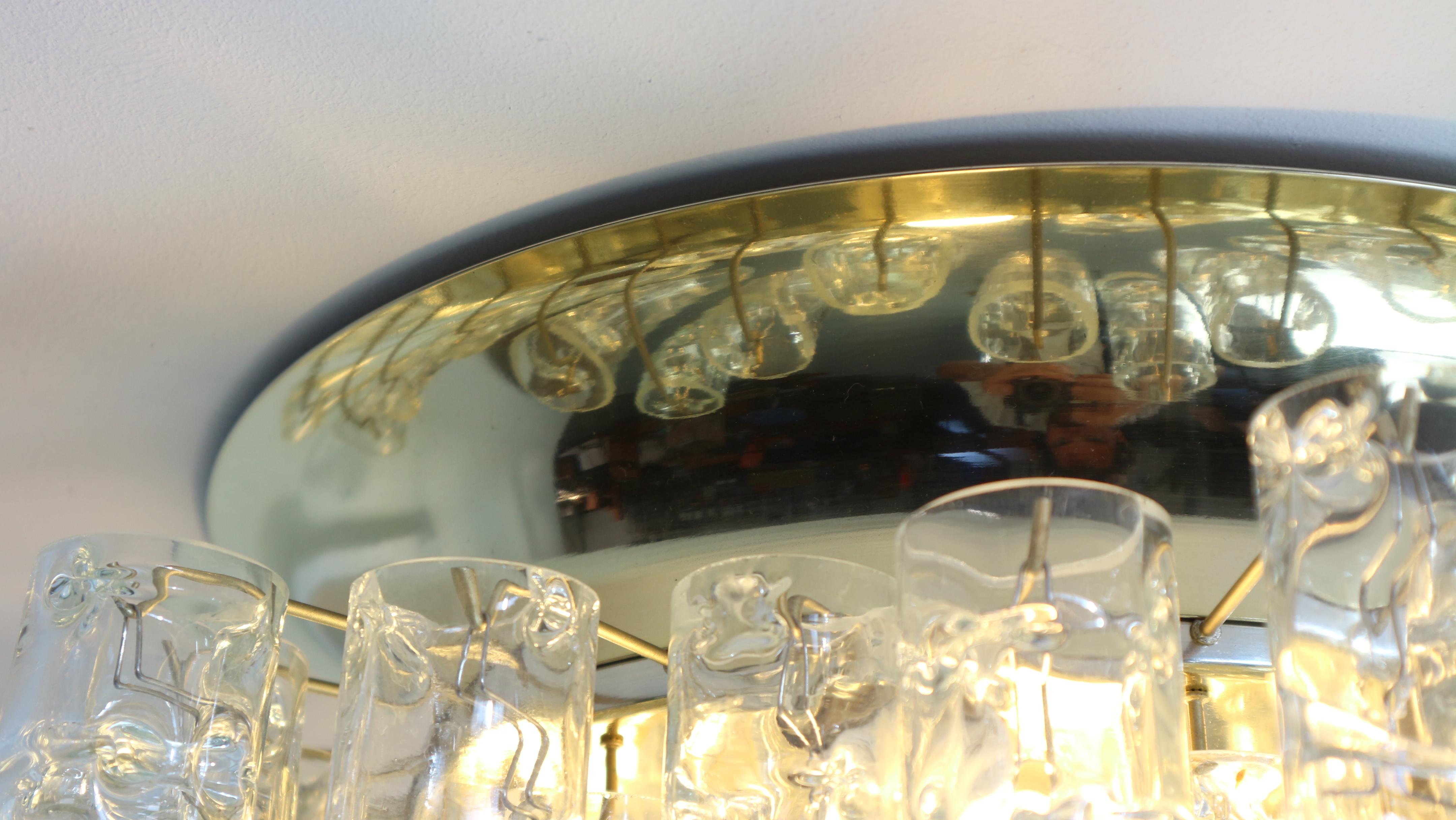 German Doria Glass and Brass Flush Mount Tube Chandelier, 1960s