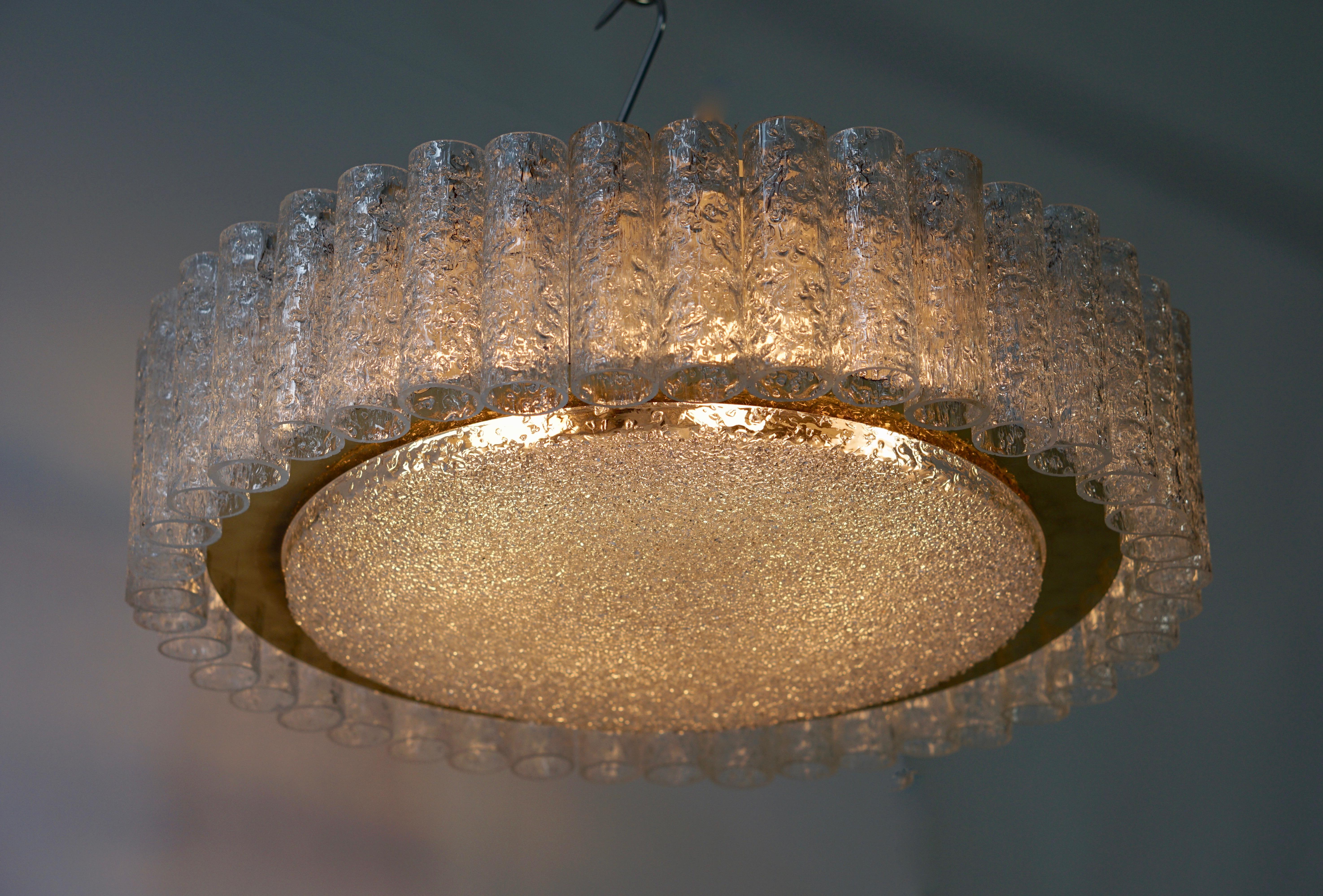 Mid-Century Modern Doria Glass Tube Chandelier with Brass Surround, Germany For Sale