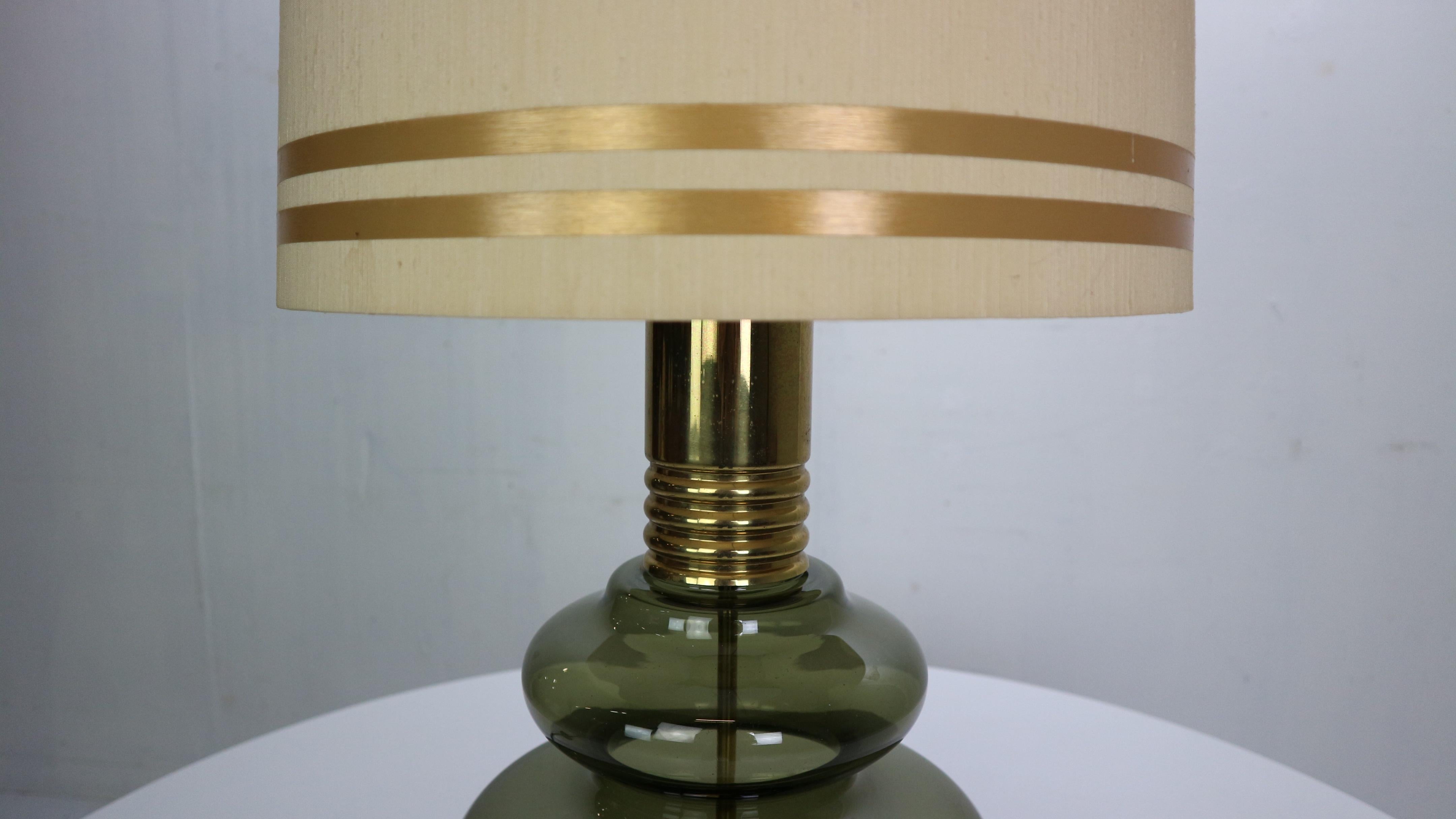 Doria Leuchten Green Glass & Brass Details Table Lamp, 1960's 8