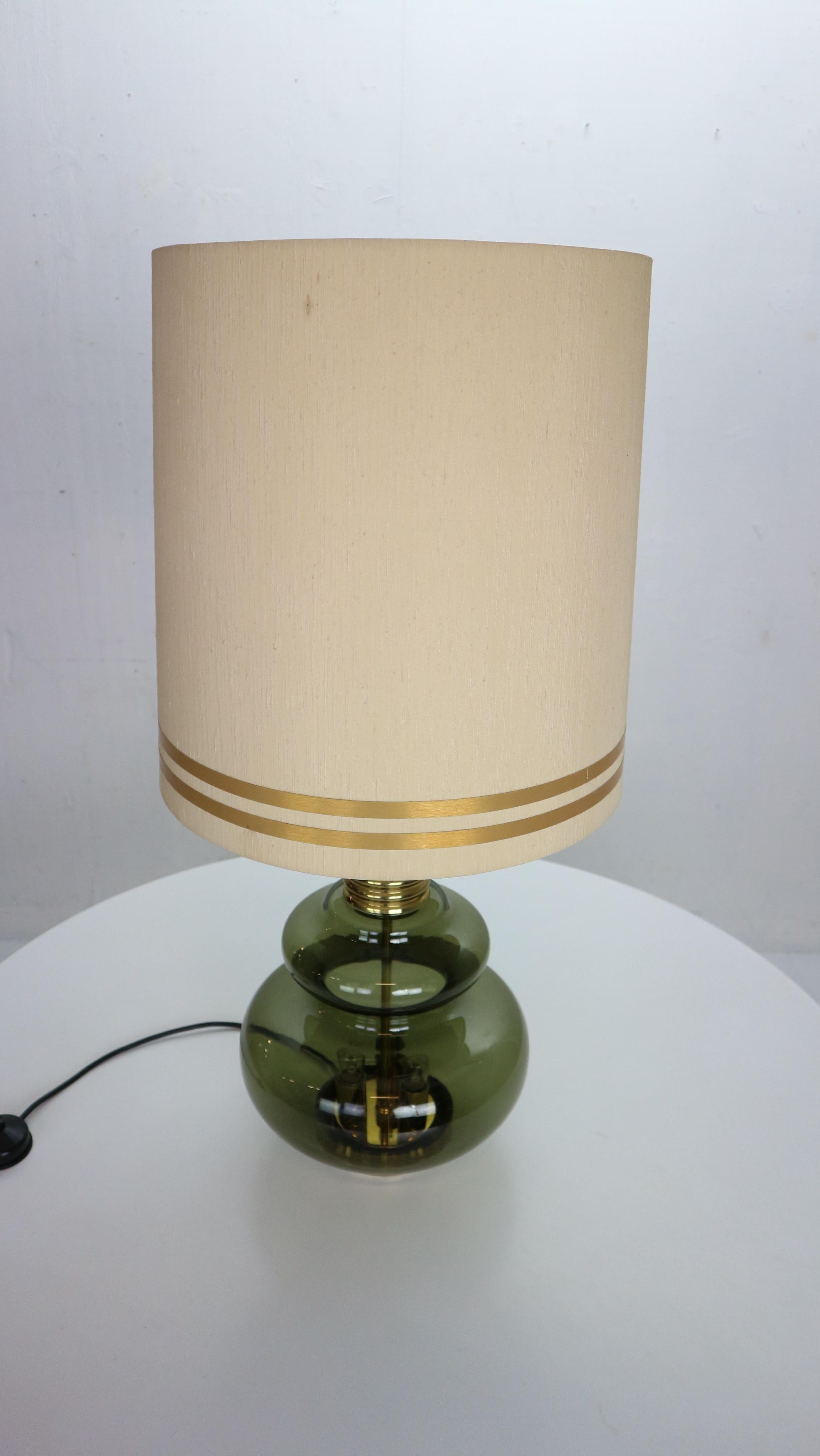 German Doria Leuchten Green Glass & Brass Details Table Lamp, 1960's