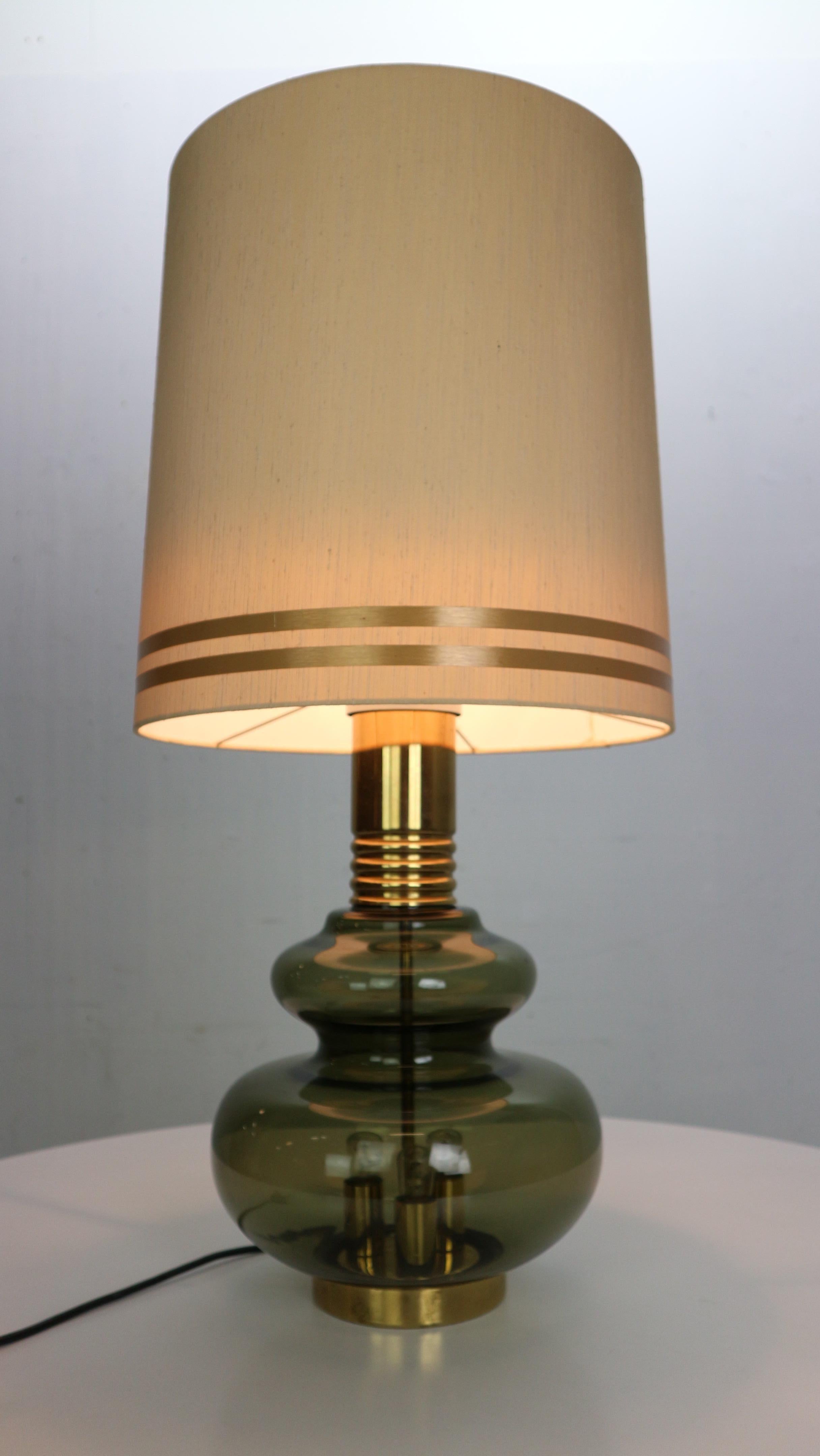 Doria Leuchten Green Glass & Brass Details Table Lamp, 1960's In Good Condition In The Hague, NL