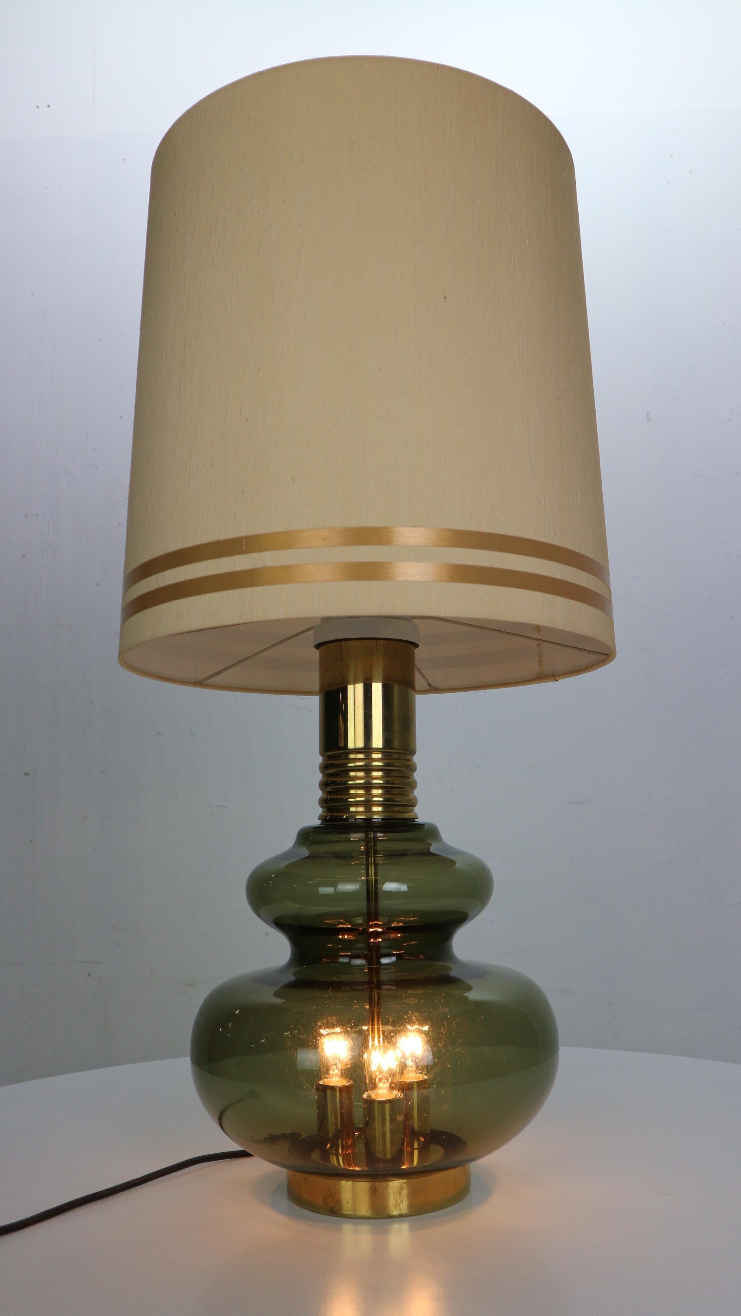 Mid-20th Century Doria Leuchten Green Glass & Brass Details Table Lamp, 1960's