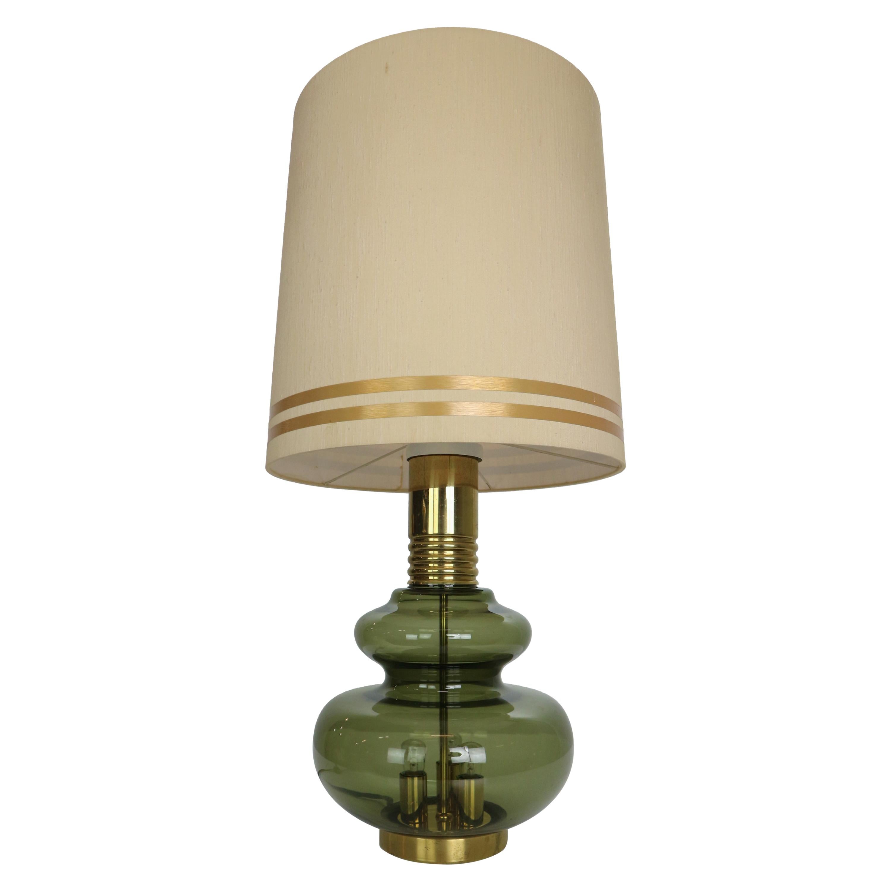 Doria Leuchten Green Glass & Brass Details Table Lamp, 1960's
