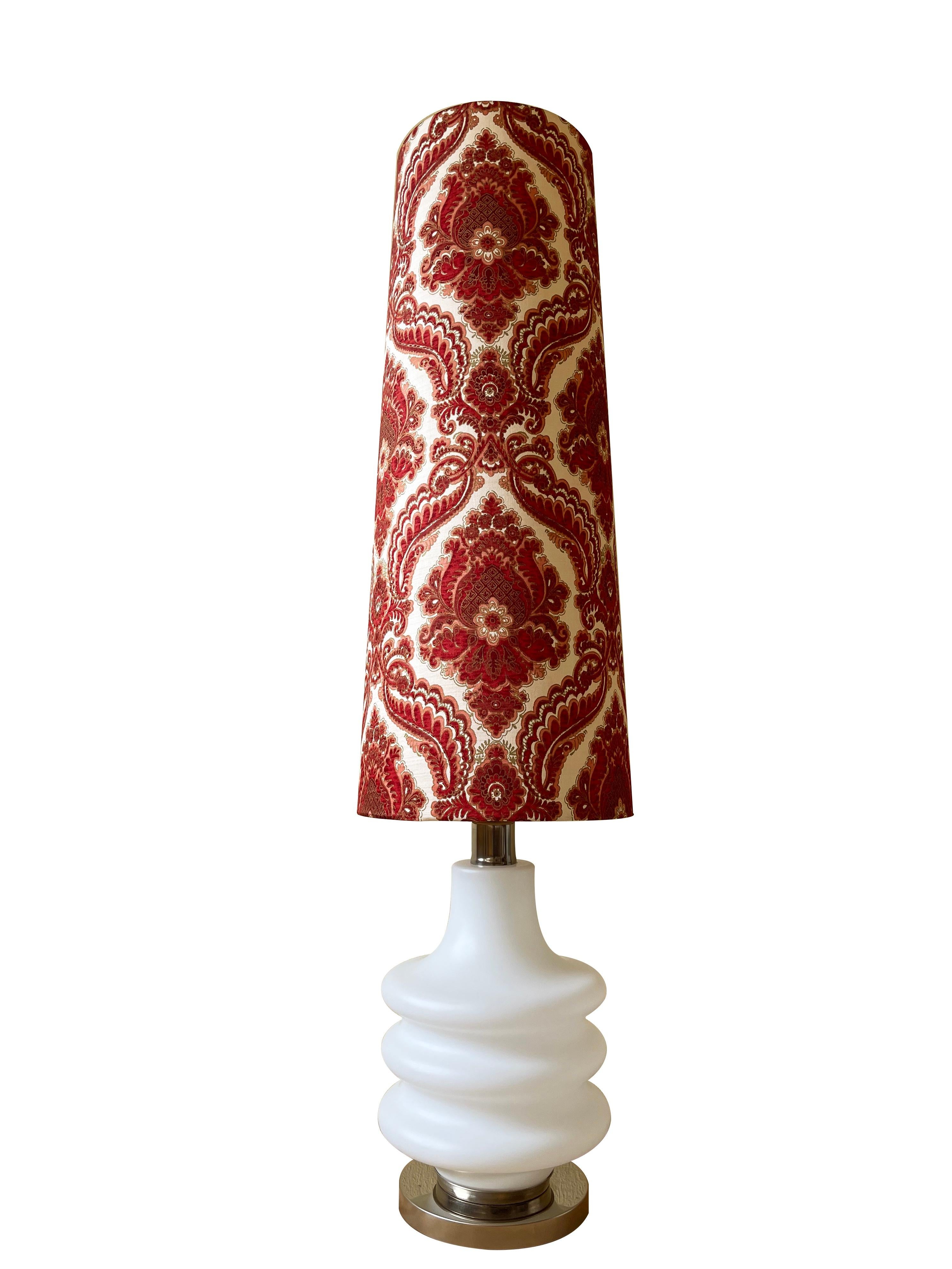 Expressive large Doria matte milk glass table or floor lamp made in Germany. 
Produced by Doria leuchten, Germany. 
Very nice Baroque patterned lampshade combined with the absolutely classic Mid-Century white glass. One-light in the glass bottom and