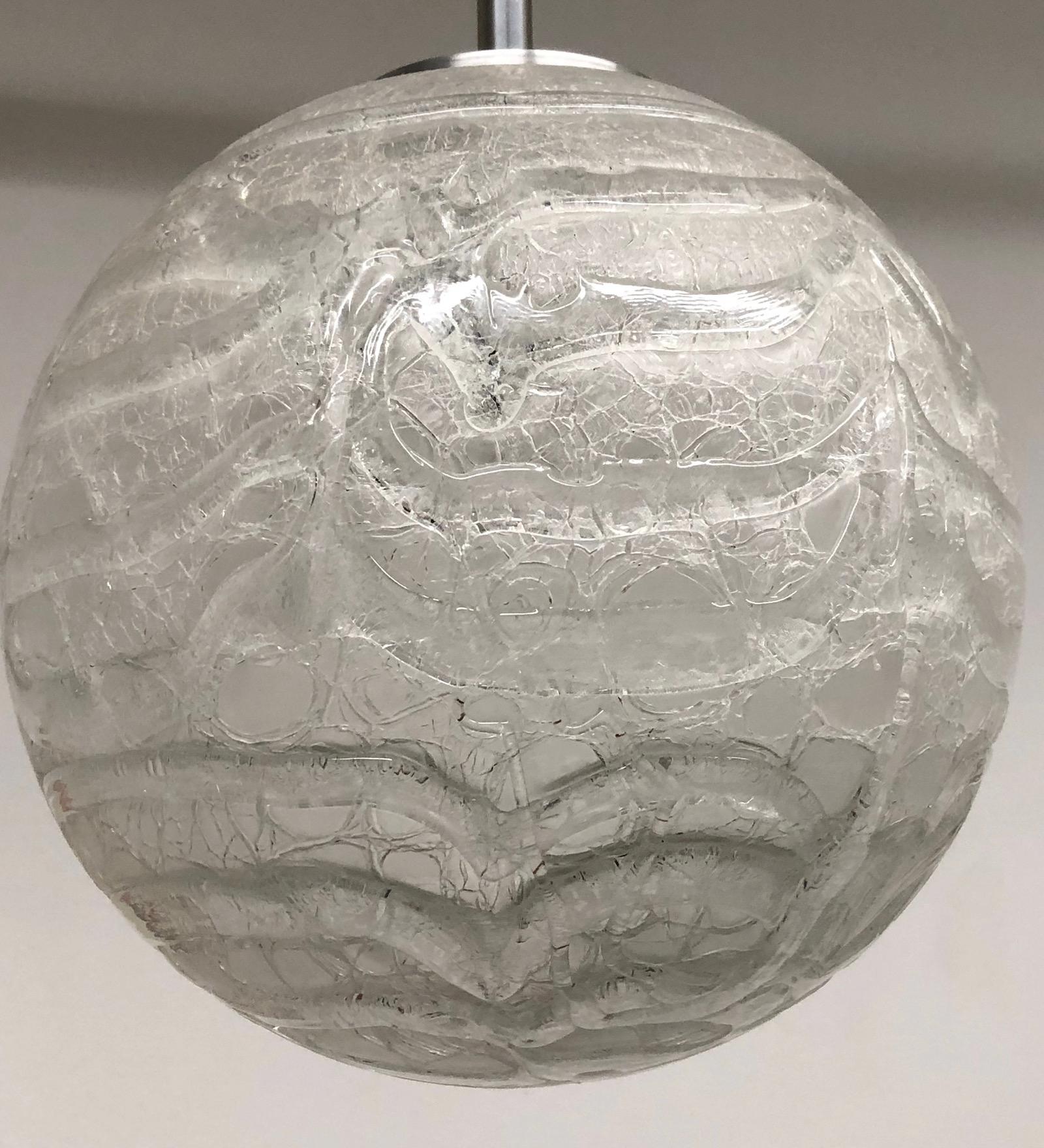 Large vintage snow ball pattern midcentury Murano glass ceiling pendant light fixture by Doria Leuchten, Germany. Made in the later half of the 1960s, this gorgeous pendent features wonderfully made, mouth blown Murano glass which looks like a