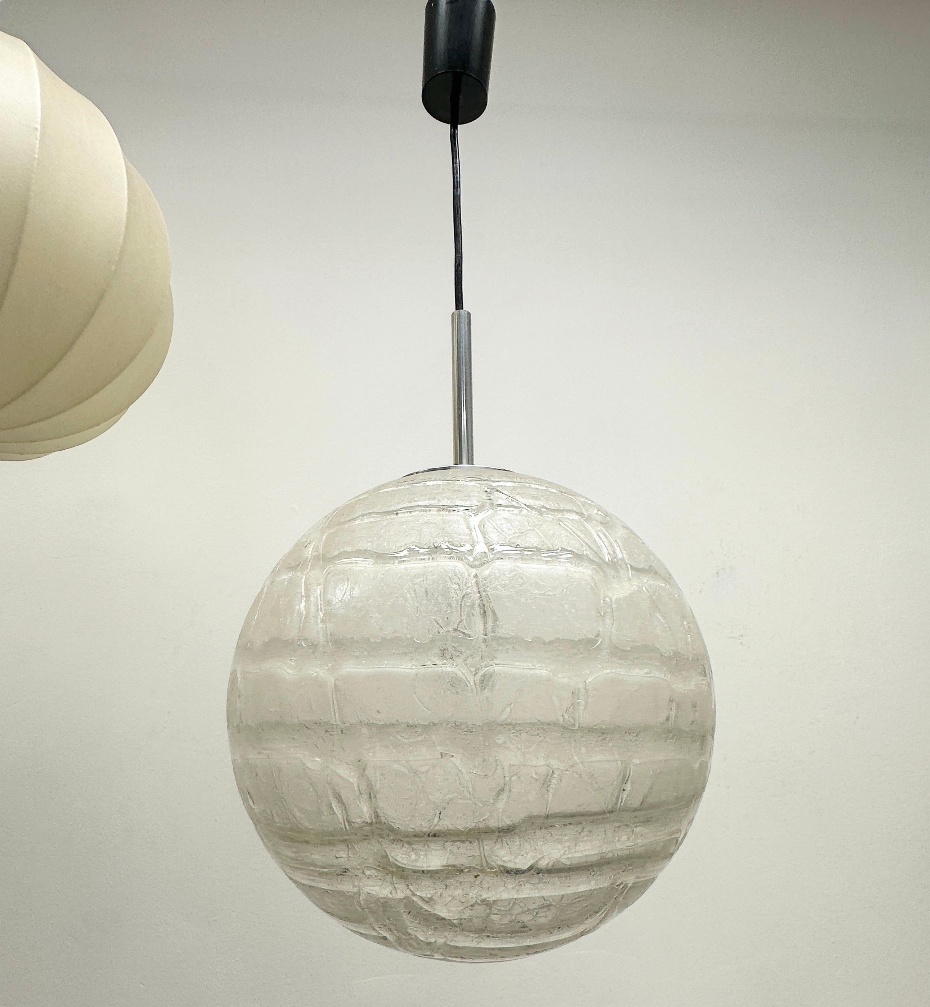 Large vintage snow ball pattern midcentury murano glass ceiling pendant light fixture by Doria Leuchten, Germany. Made in the later half of the 1960s, this gorgeous pendent features wonderfully made, mouth blown murano glass which looks like a