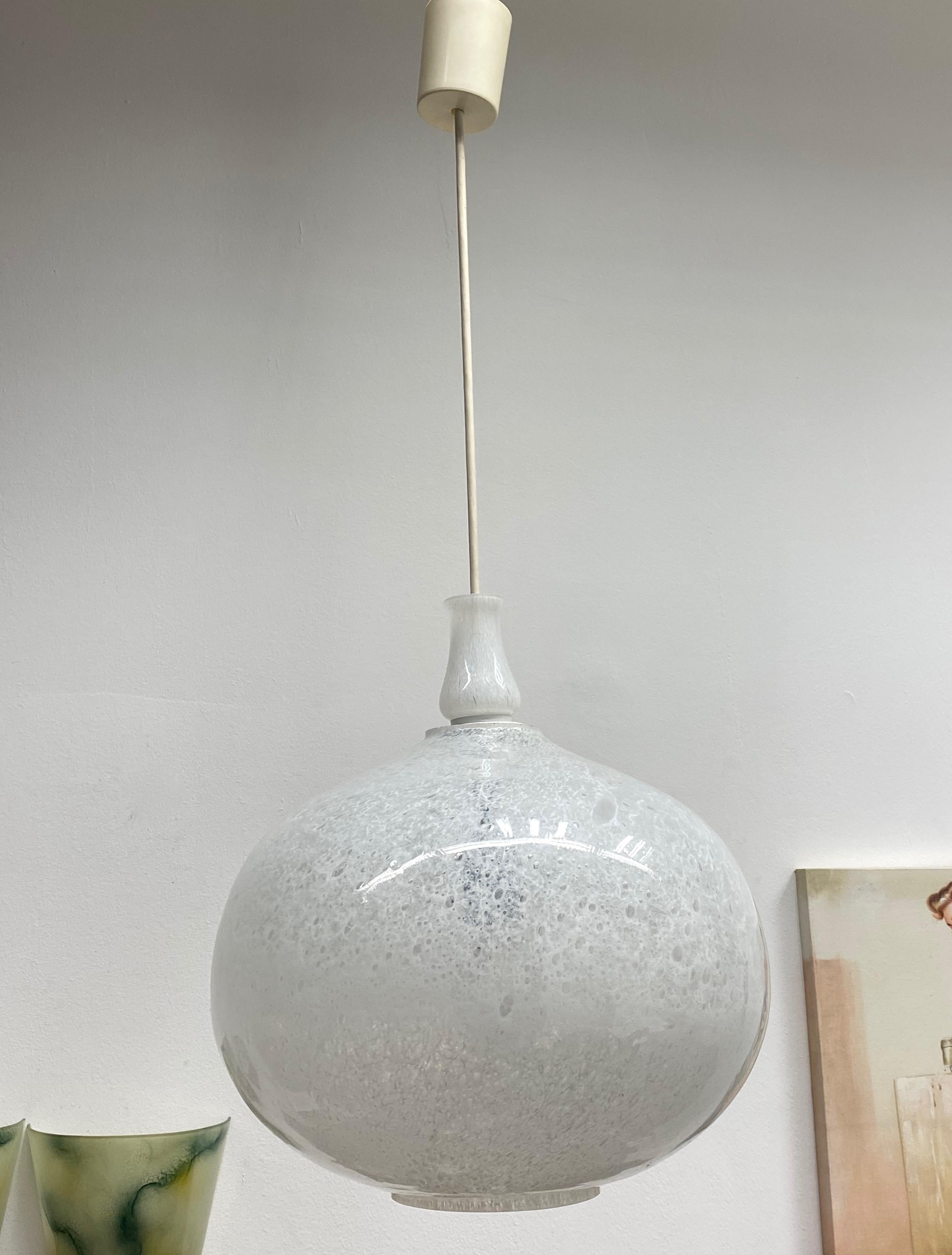 Large vintage snow ball pattern midcentury Murano glass ceiling pendant light fixture by Doria Leuchten, Germany. Made in the later half of the 1970s, this gorgeous pendent features wonderfully made, mouth blown Murano glass which looks like a