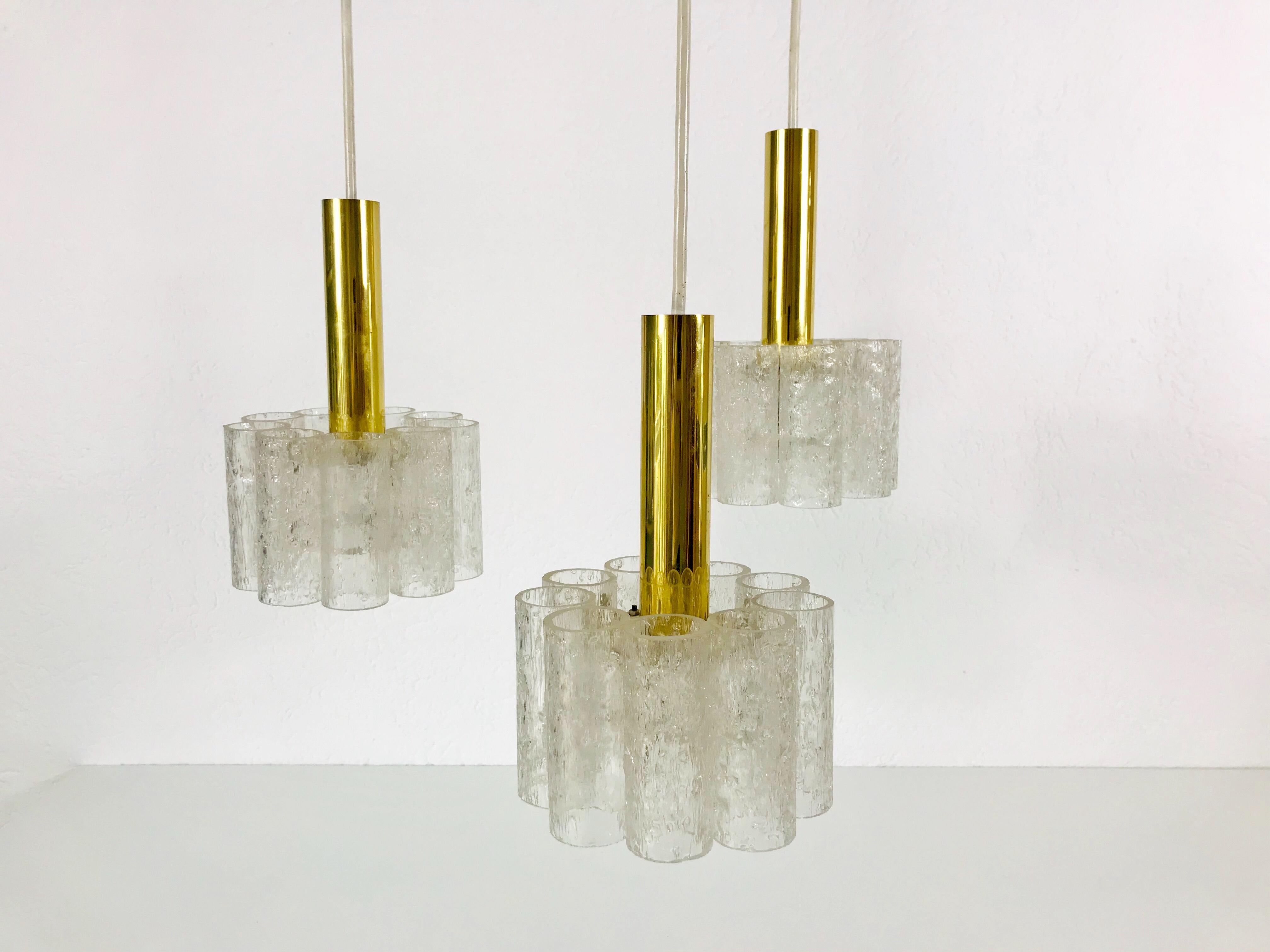 Mid-Century Modern Doria Midcentury Crystal Ice Glass Cascade Pendant Lamp, Germany, 1960s For Sale