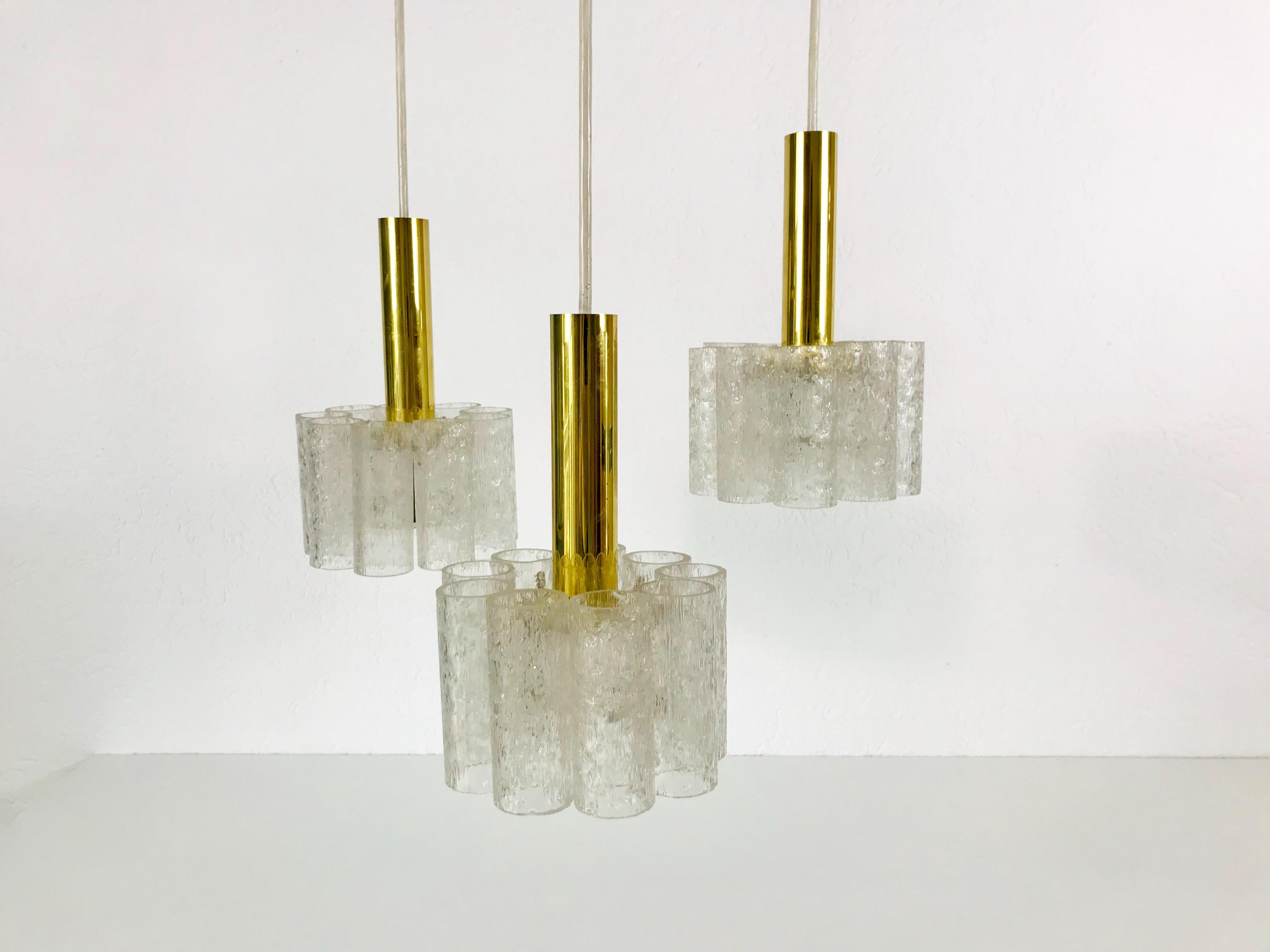 European Doria Midcentury Crystal Ice Glass Cascade Pendant Lamp, Germany, 1960s For Sale