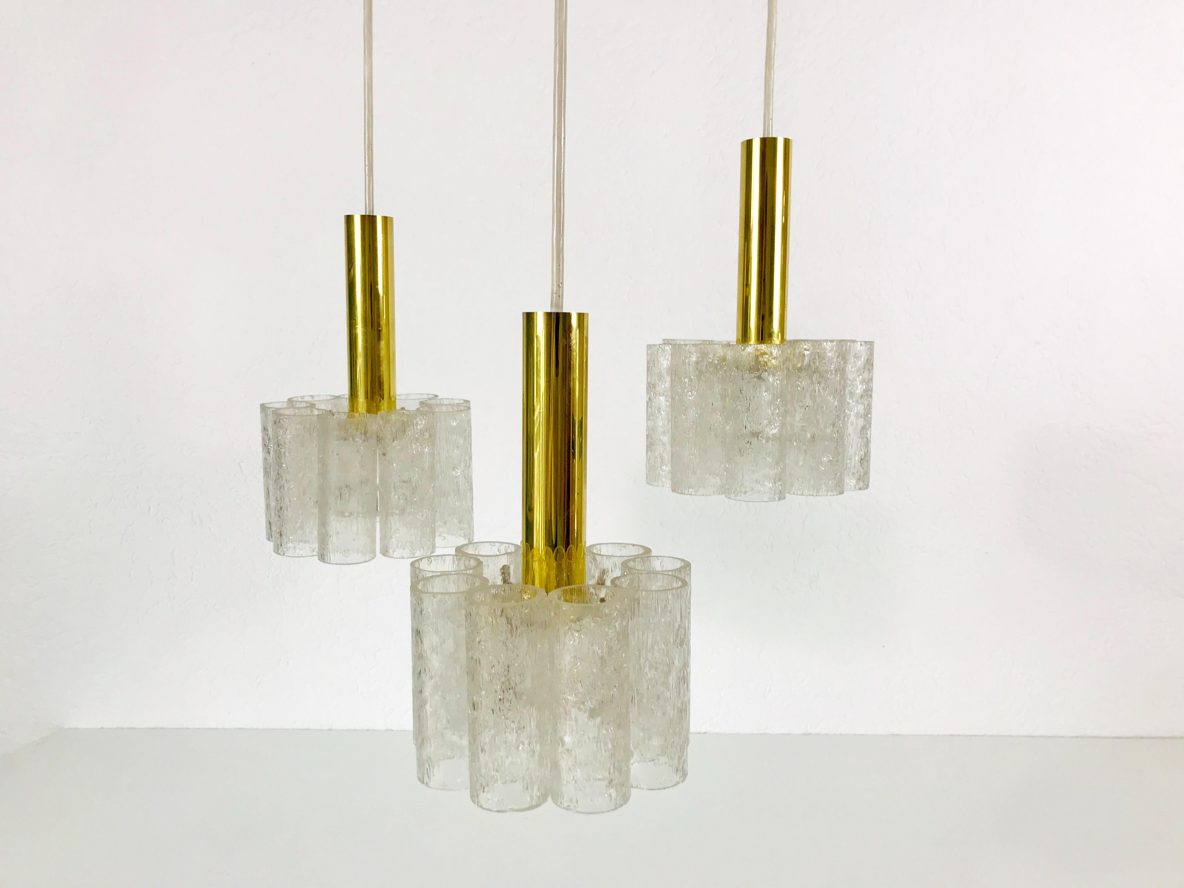 Doria Midcentury Crystal Ice Glass Cascade Pendant Lamp, Germany, 1960s In Good Condition For Sale In Hagenbach, DE