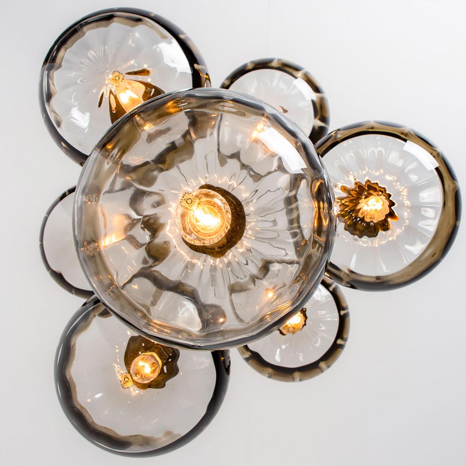 German Doria Seven Globes Brown Clear Glass Chrome Pendant Light, 1960s For Sale