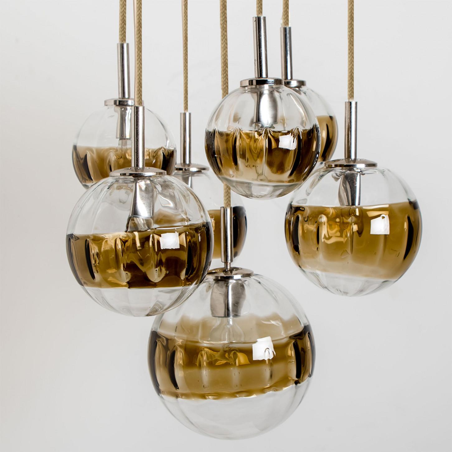 Other Doria Seven Globes Brown Clear Glass Chrome Pendant Light, 1960s For Sale