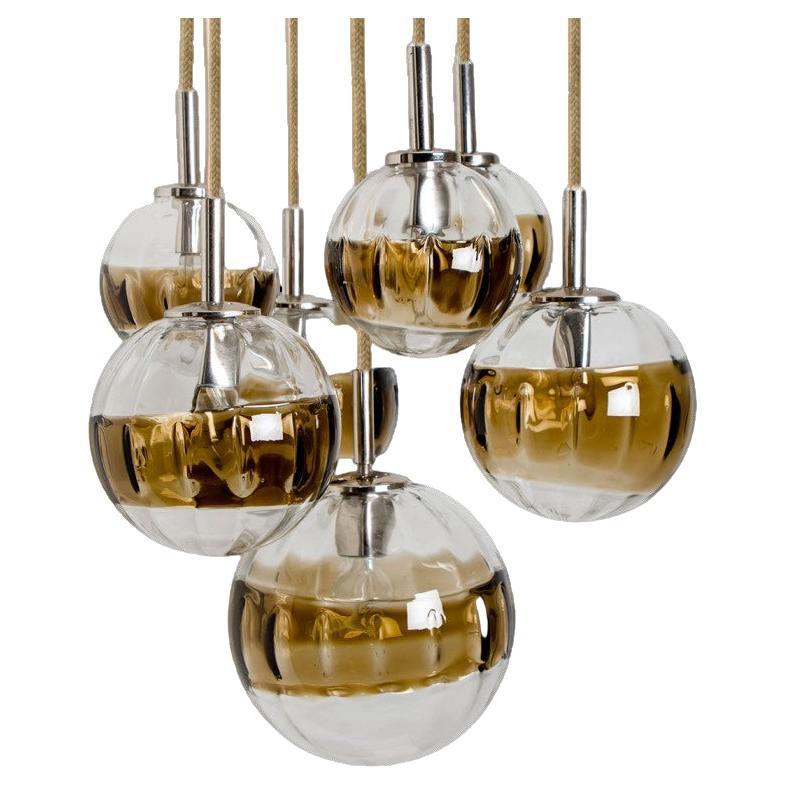 Doria Seven Globes Brown Clear Glass Chrome Pendelleuchte, 1960er Jahre
