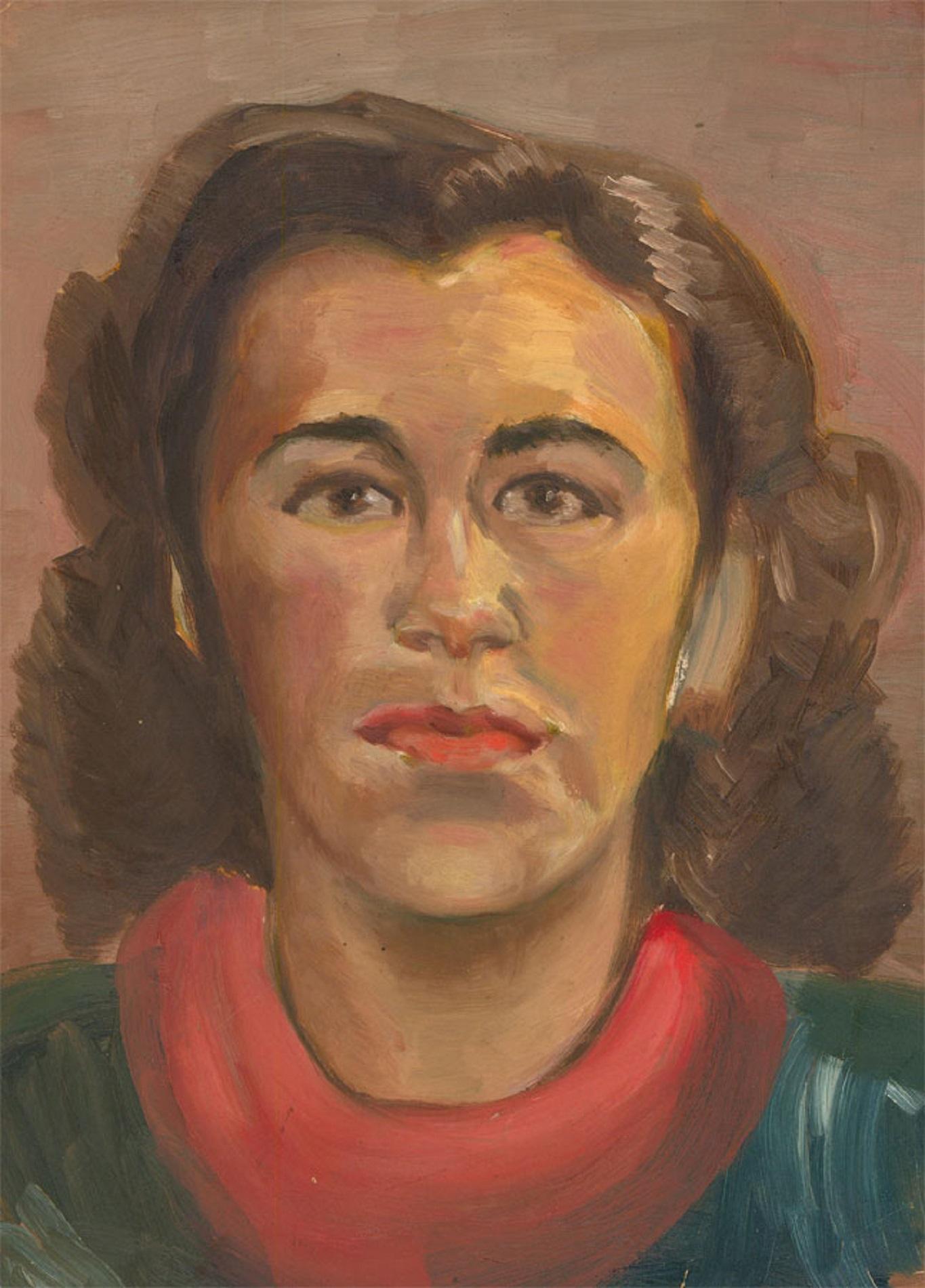 A striking portrait depicting the face of a woman wearing a red scarf and lipstick. Unsigned. On watermarked paper laid to card.