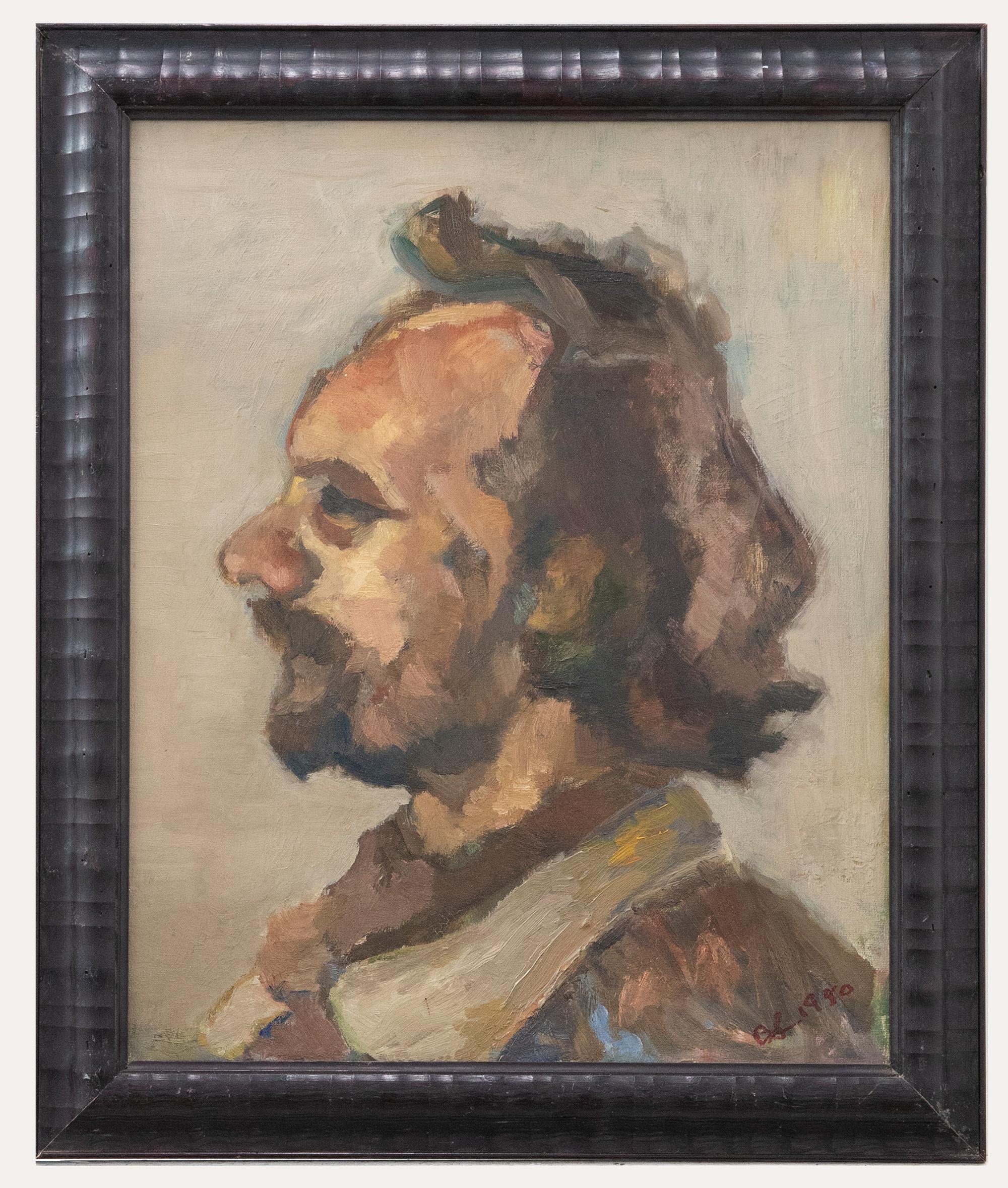 A wonderful portrait of a gentleman in profile. Completed with expressive brushwork and areas of impasto. Very well presented in a dark wood frame. Signed and dated. On board.
