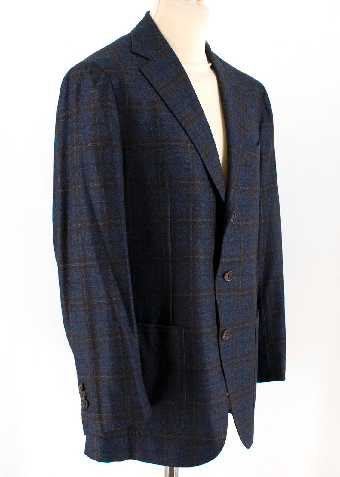 Doriani Navy Checked Wool, Cashmere & Silk Blend Blazer

- It features two front pockets, single breasted pocket (left), four interior pockets 
- Single breasted, brown button fastening
- Brown button cufflinks 

Please note, these items are