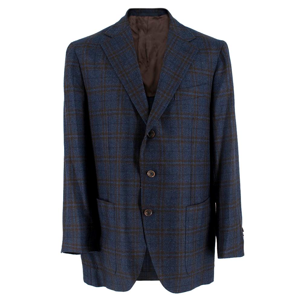 Doriani Navy Checked Wool, Cashmere & Silk Blend Blazer - Size XL EU 54  For Sale
