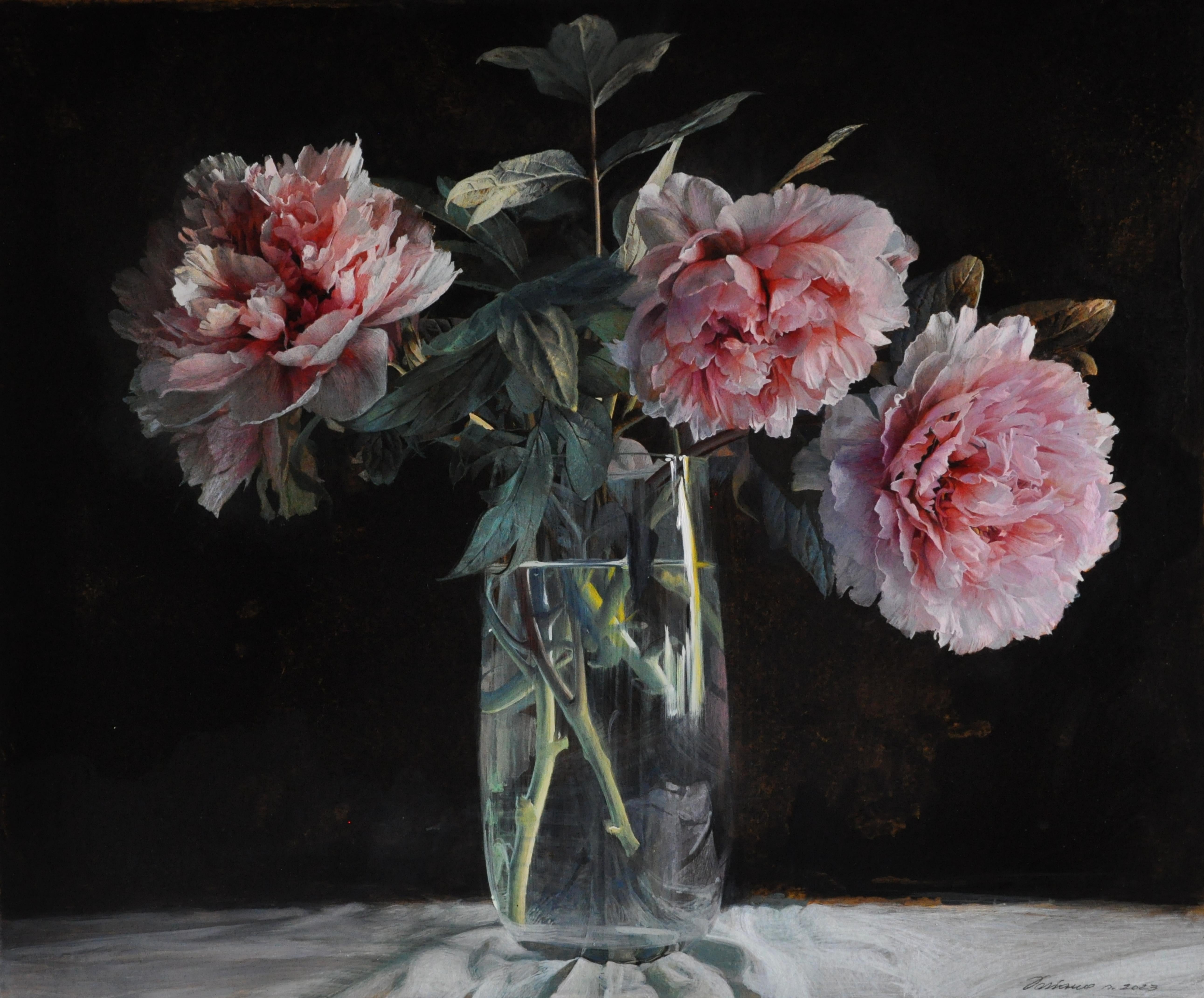 Doriano Scazzosi  Still-Life Painting - Pink and red peonies still life painting contemporary Italian artist