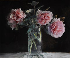 Pink and red peonies still life painting contemporary Italian artist