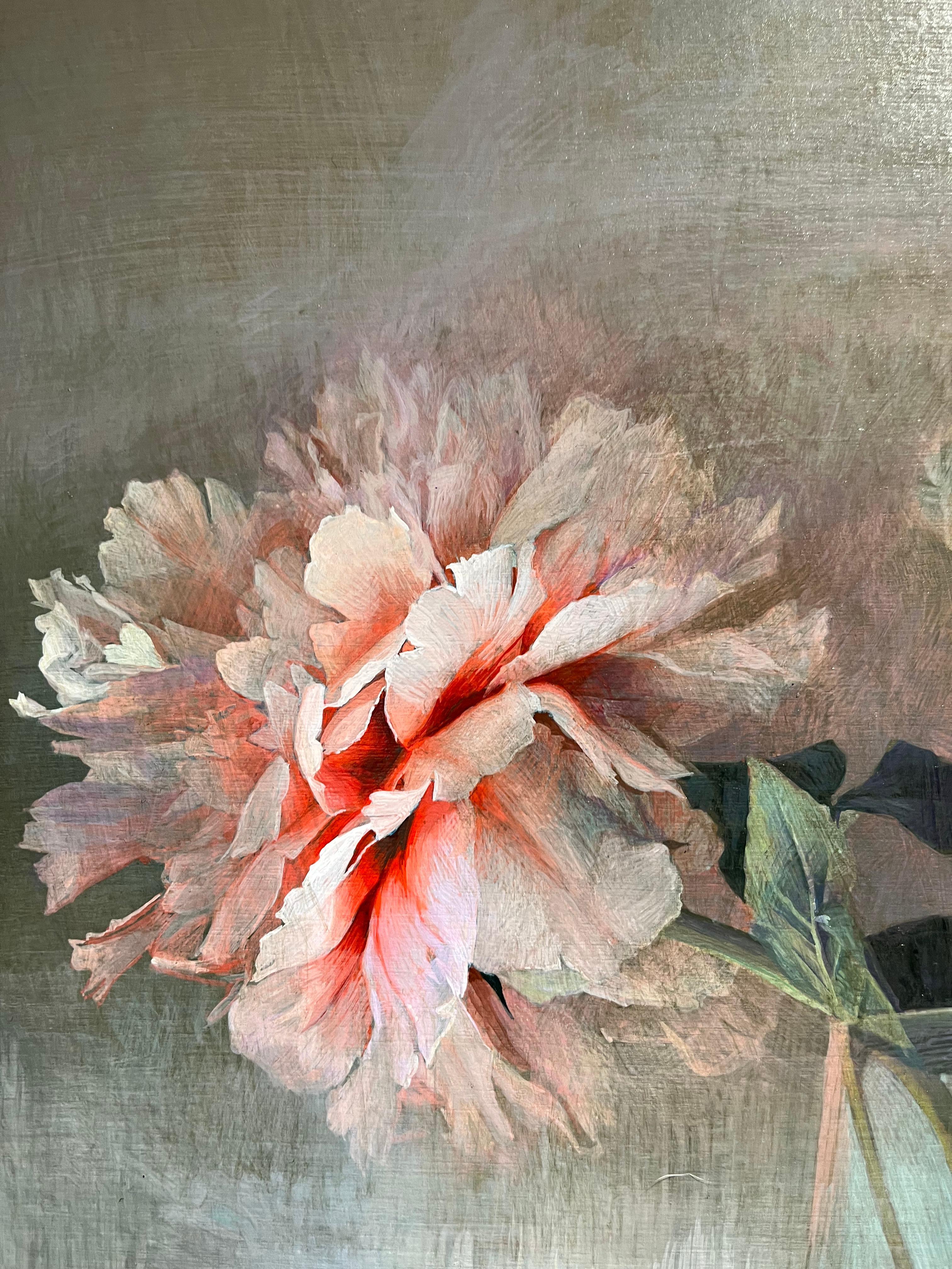 Pink peonies still life painting - modern pale grey background  1