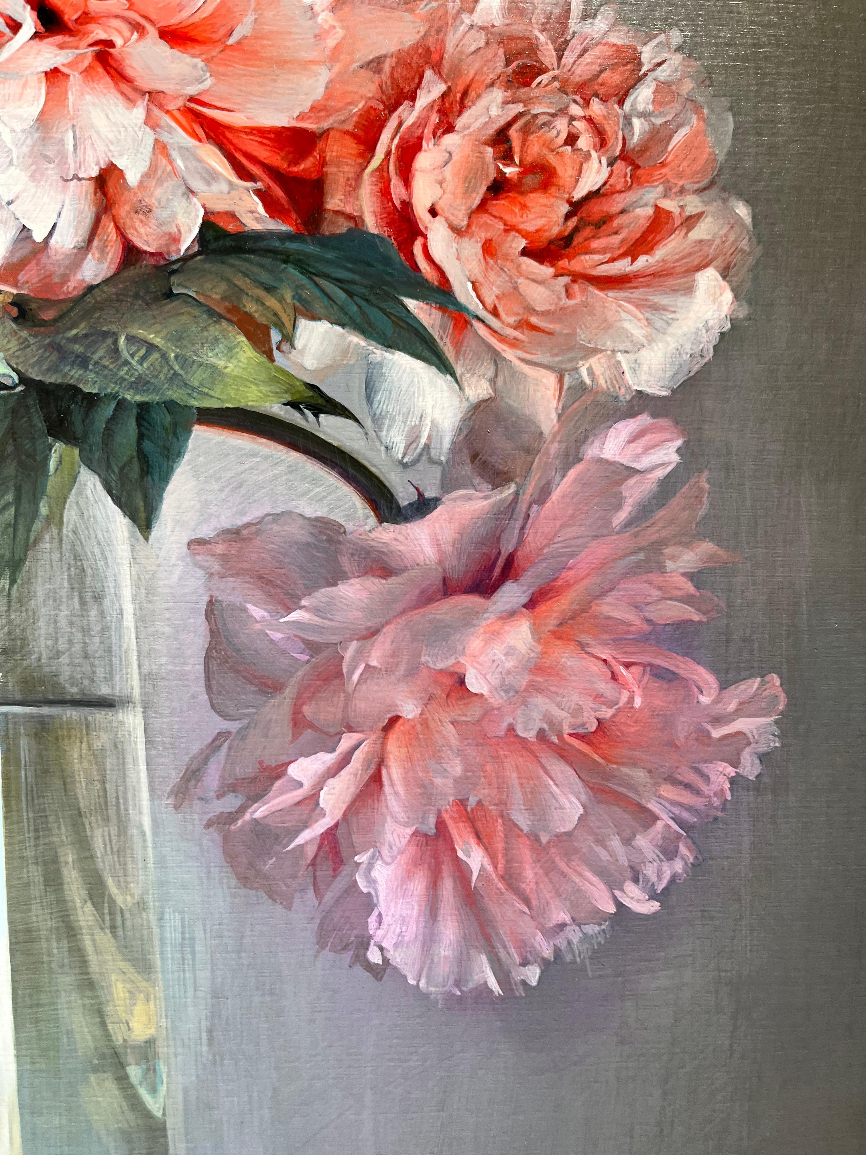 Pink peonies still life painting - modern pale grey background  2